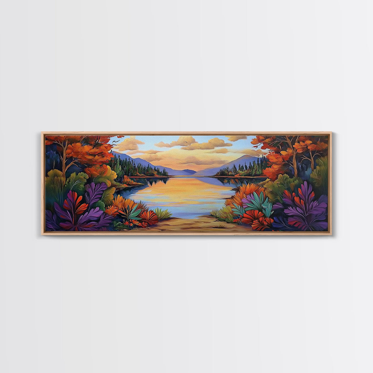 Autumn Lake Reflection, Tranquil Nature Painting, Fall Forest Sunset, Framed Canvas Print, Cozy Living Room or Cabin Wall Decor