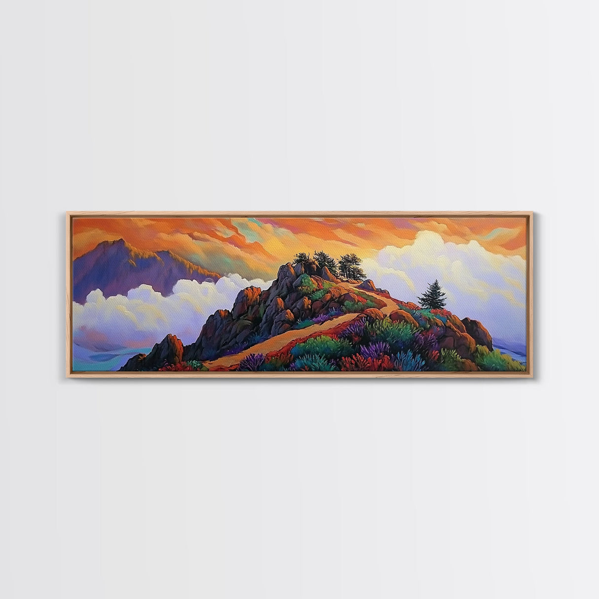 Mountain Peak Trail, Vibrant Sunset Hike Scene, Nature Adventure Wall Art, Framed Canvas Print, Boho Office or Den Decoration