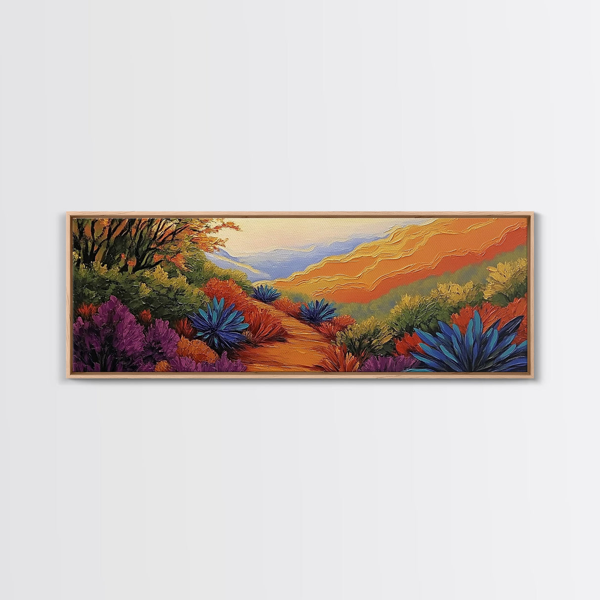 Vibrant Desert Path, Bold Landscape Painting, Agave and Sunset View, Framed Canvas Print, Southwest Kitchen or Hallway Wall Art
