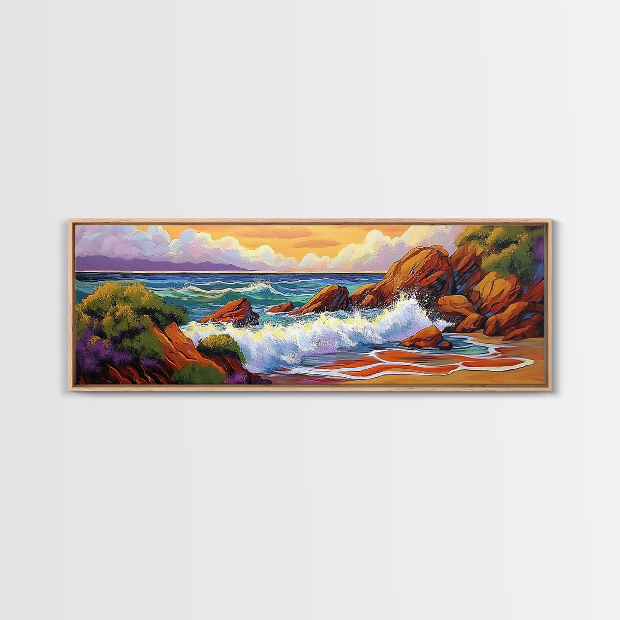 Ocean Wave Crash, Coastal Rock Shore, Vibrant Seascape Painting, Framed Canvas Print, Beach Bathroom or Nautical Living Room Art