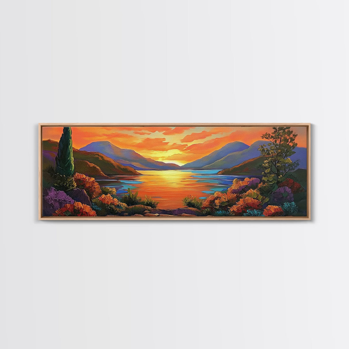 Mountain Sunset Lake, Bold Nature Landscape, Vibrant Water Reflection, Framed Canvas Print, Rustic Living Room or Cabin Wall Art