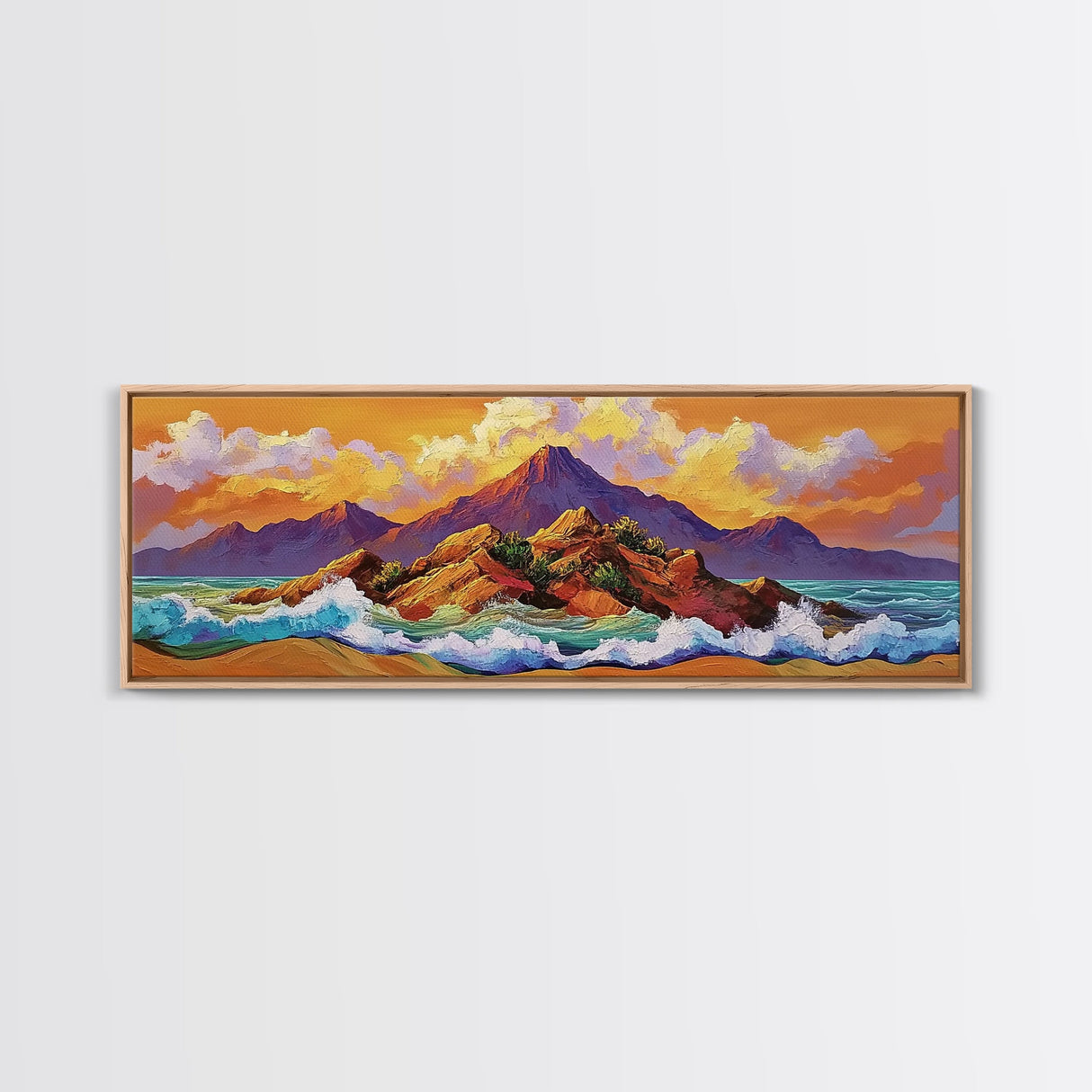 Sunset Island Scene, Bold Ocean Mountainscape, Tropical Beach Decor, Framed Canvas Print, Boho Bedroom or Vacation Home Wall Art