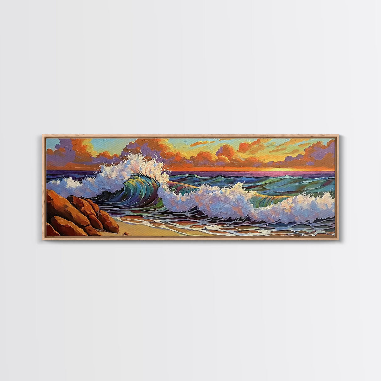 Vibrant Wave Break, Sunset Beach Art, Ocean Surf Decor, Modern Seascape Accent, Living Room Wall, Framed Canvas Print