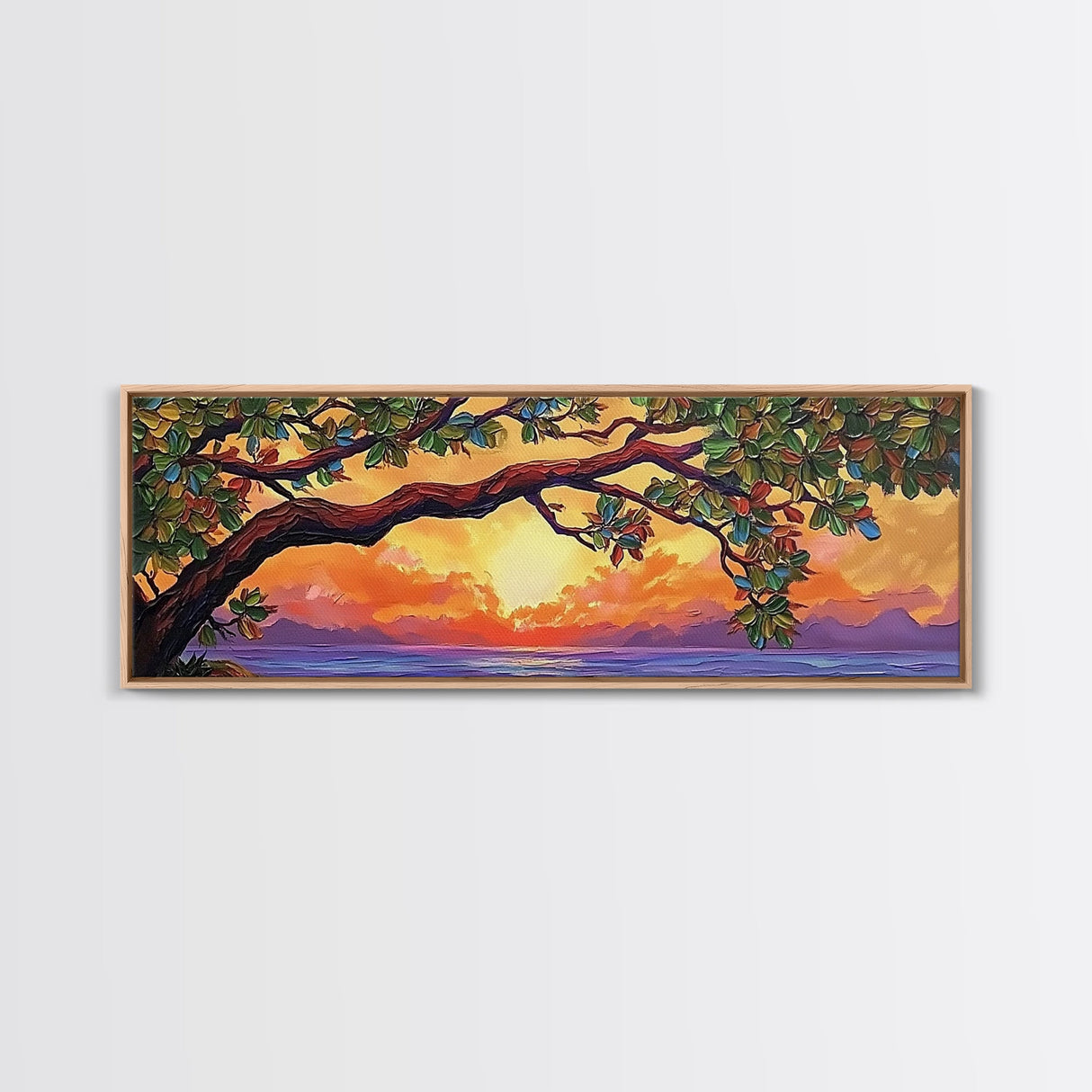 Tropical Tree Sunset, Ocean View Art, Island Vibes, Framed Canvas Print, Beach House Decor, Sunset Wall Art, Coastal Boho Art