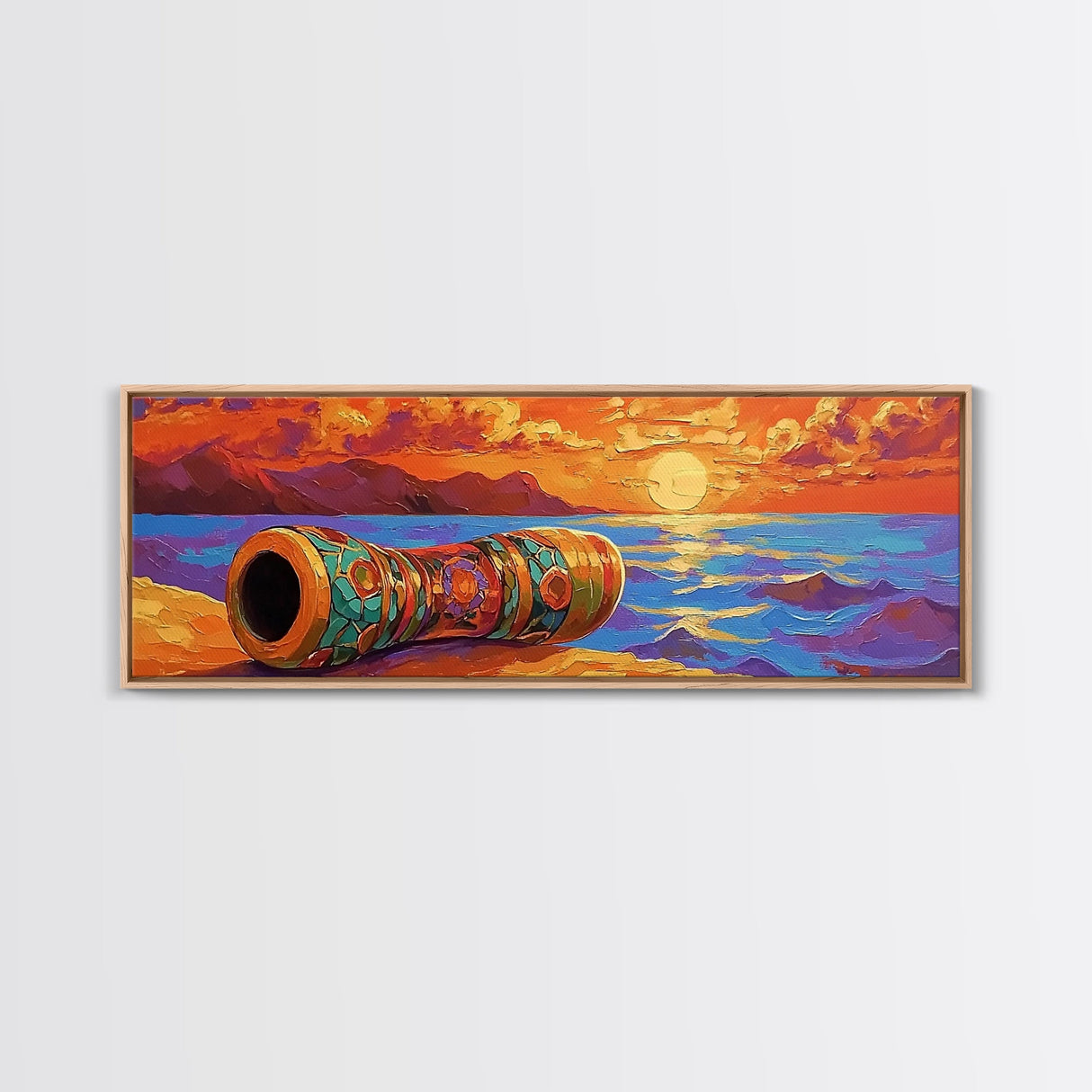 Mosaic Drum, Sunset Rhythm, Tribal Ocean, Desert Music, Framed Canvas Print, Eclectic Art, Living Room Music Wall Piece