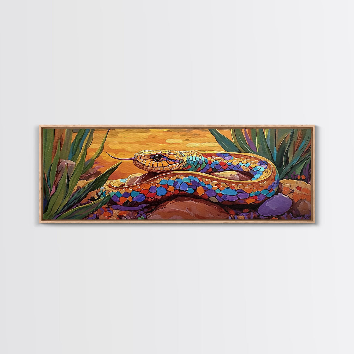 Sunset Snake Painting, Colorful Desert Creature, Serpent Among Rocks, Framed Canvas Print, Boho Wall Art, Eclectic Decor Piece