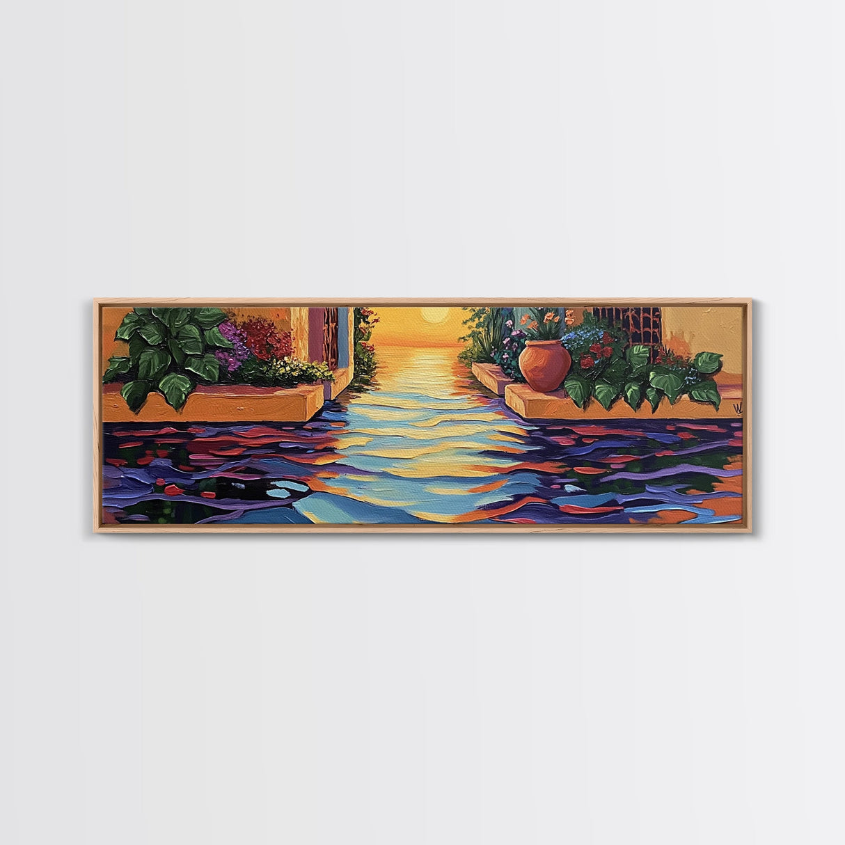 Sunset Canal Garden, Water Reflections, Warm Floral Courtyard, Framed Canvas Print, Kitchen Wall Art, Romantic Boho Artwork
