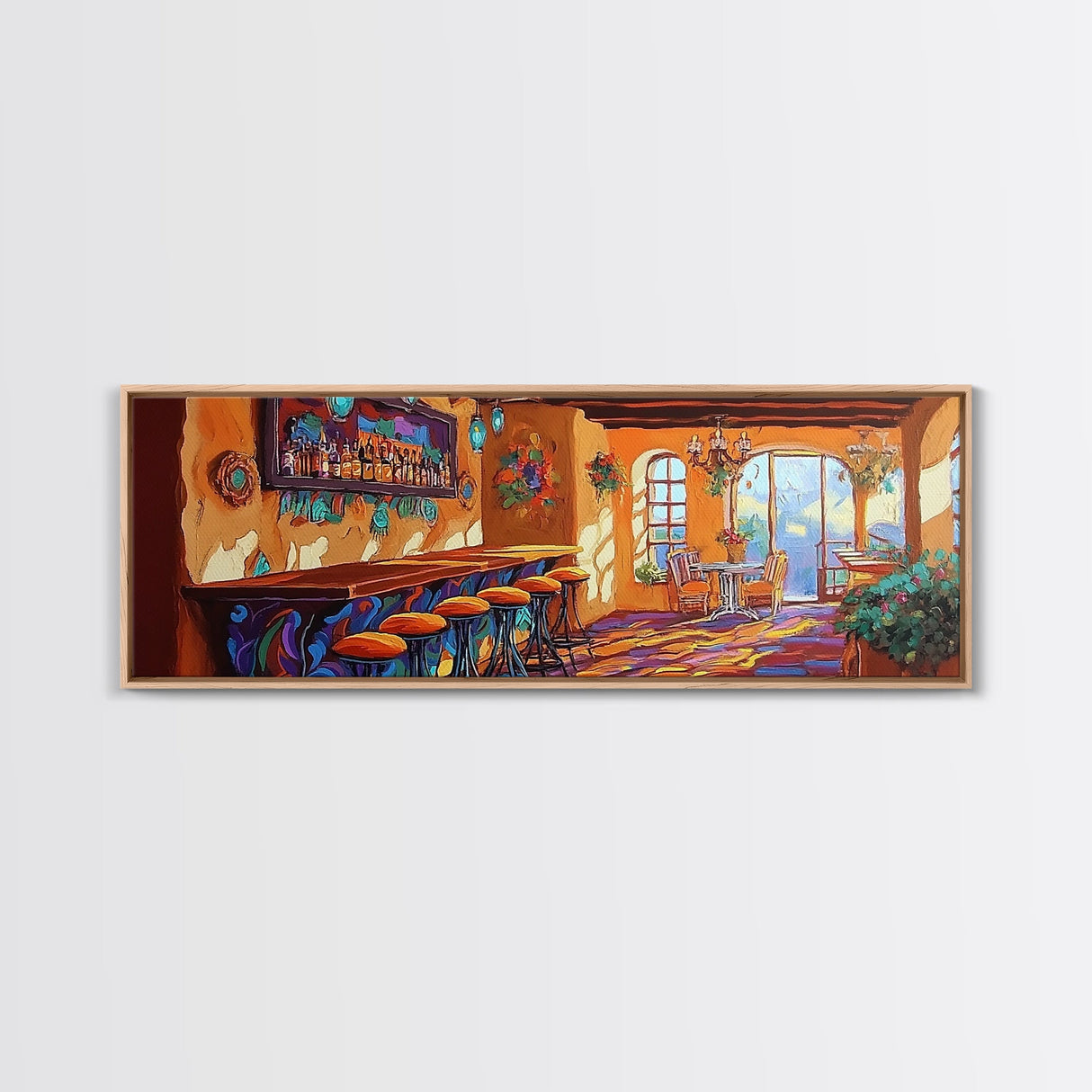 Rustic Cantina Interior, Mexican Bar Scene, Warm Home Decor, Framed Canvas Print, Dining Room Art, Cozy Southwestern Style