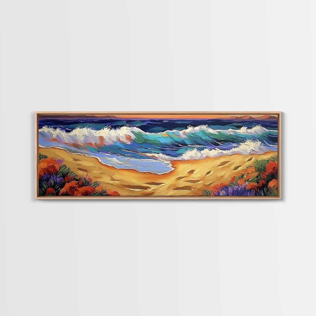 Coastal Wave Art, Beach Shore, Ocean Spray, Sunset Sea Framed Canvas Print, Living Room Wall Art, Modern Tropical Decor