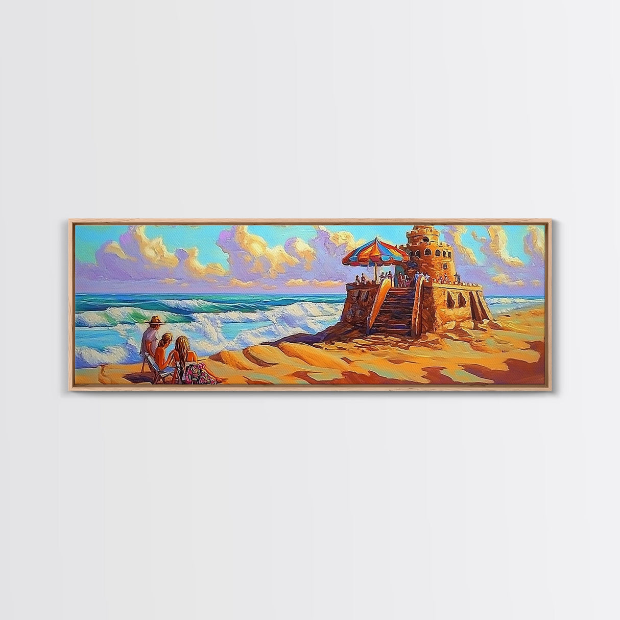 Beach Fortress, Family Fun, Ocean Adventure, Sunny Day Framed Canvas Print, Vacation Memory Wall Art, Playroom Beach Art