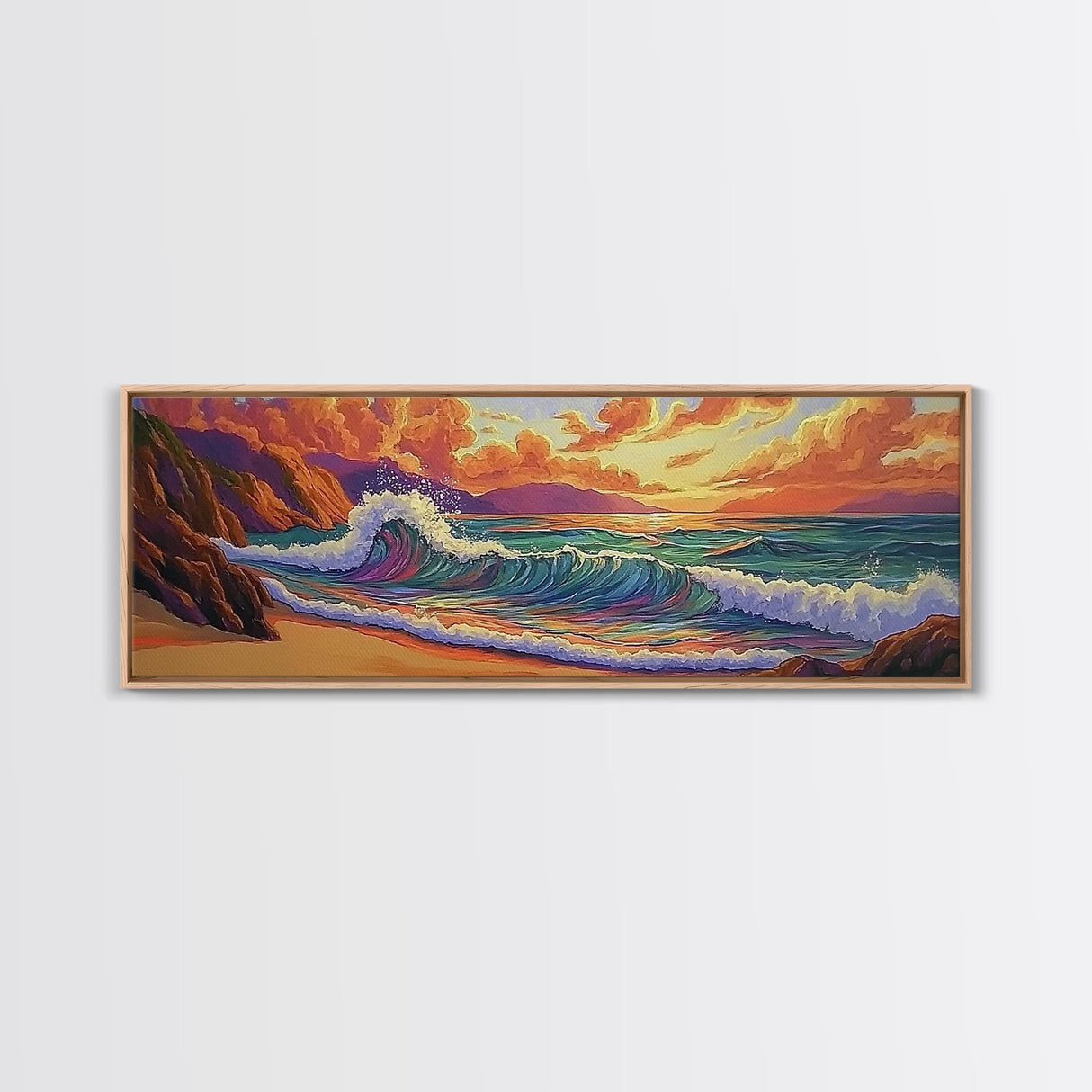 Sunset Surf, Rocky Coast, Vibrant Ocean, Evening Glow, Framed Canvas Print coastal bedroom art, surfer vibes, modern beach wall art