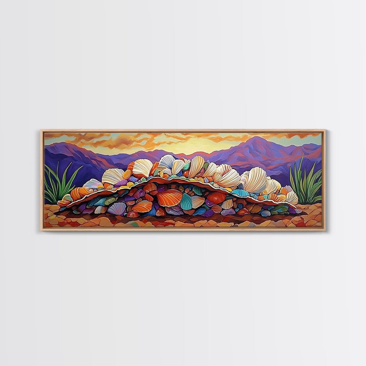 Colorful Shell Art, Coastal Mountain Decor, Ocean Nature Vibes, Beach Shell Wall, Framed Canvas Print, Living Room Coastal Boho Art