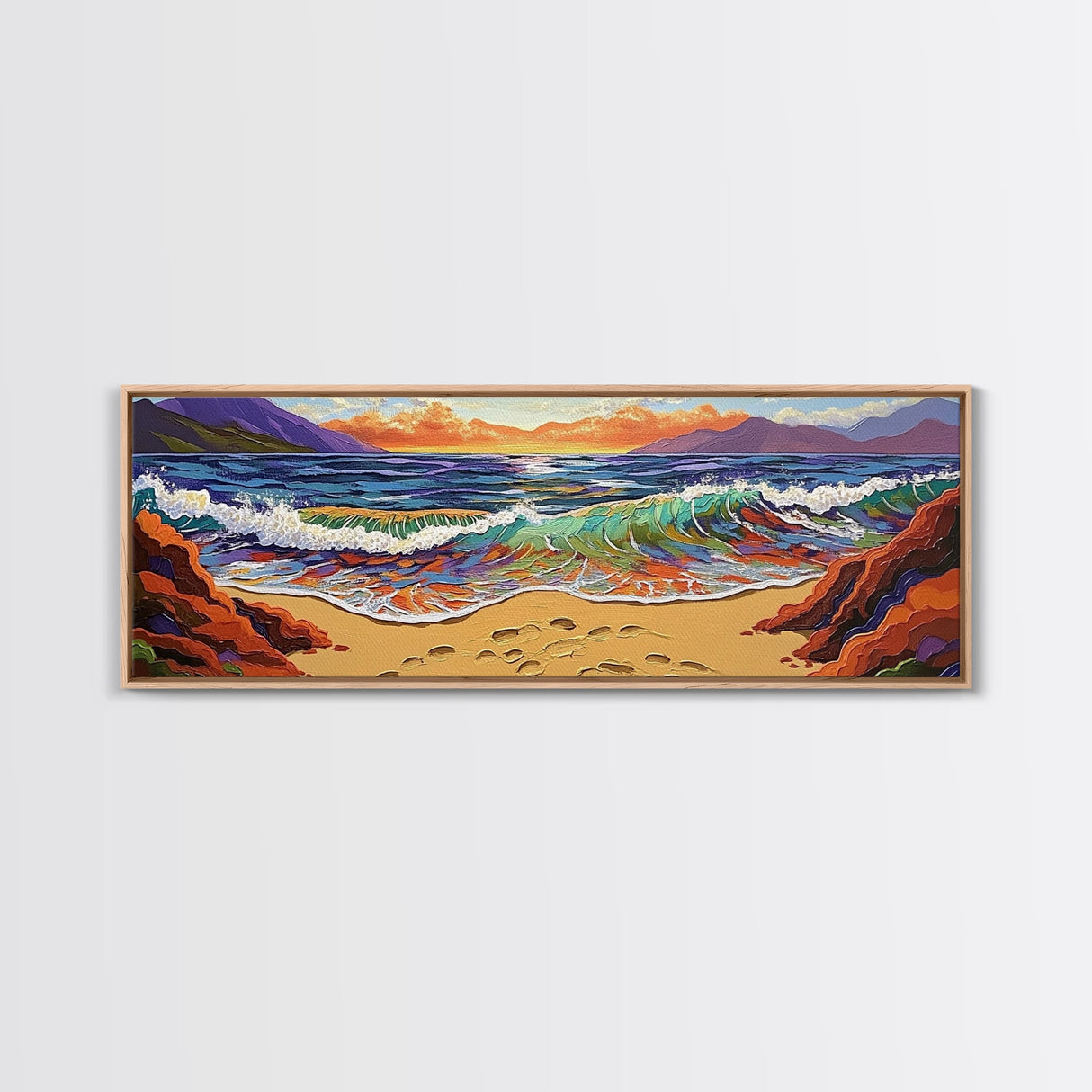 Sunset Shore View, Vibrant Ocean Wave, Footprints in Sand, Coastal Seascape Art, Framed Canvas Print, Beach House Wall Decor
