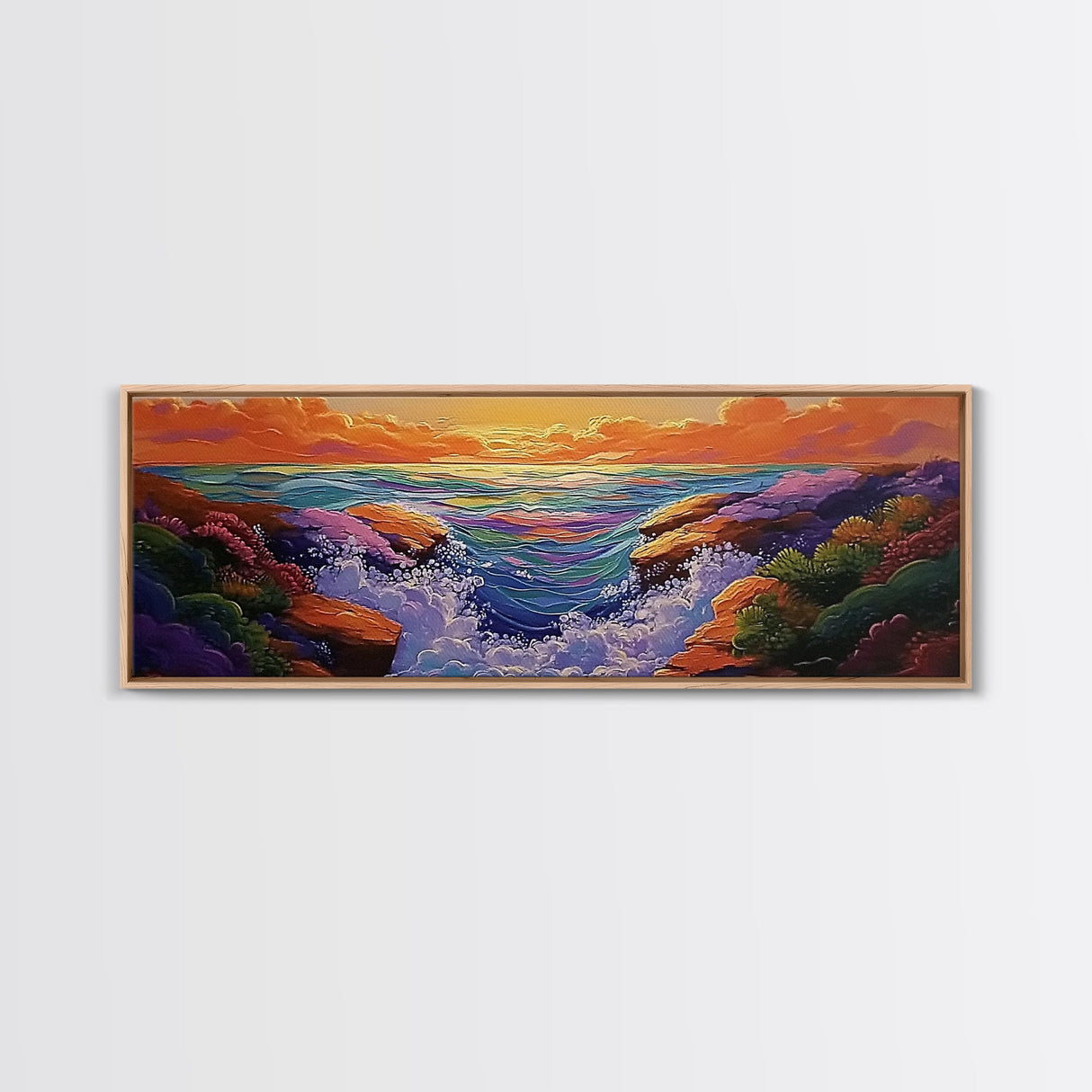 Sunset Coast, Vibrant Waters, Ocean Rocks, Canvas Print, Dreamy Beach Wall Art, Bright Living Room Decor, Boho Seascape Scene