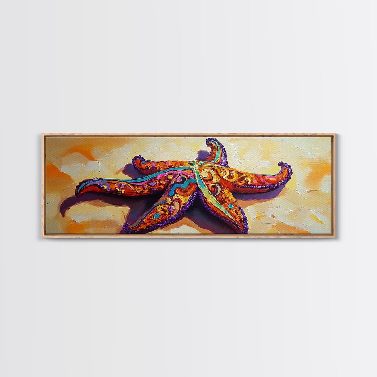 Starfish Pattern, Bold Beach, Ocean Life, Framed Canvas Print, Coastal Bathroom Wall Art, Nautical Boho Decor, Summer Ocean Style