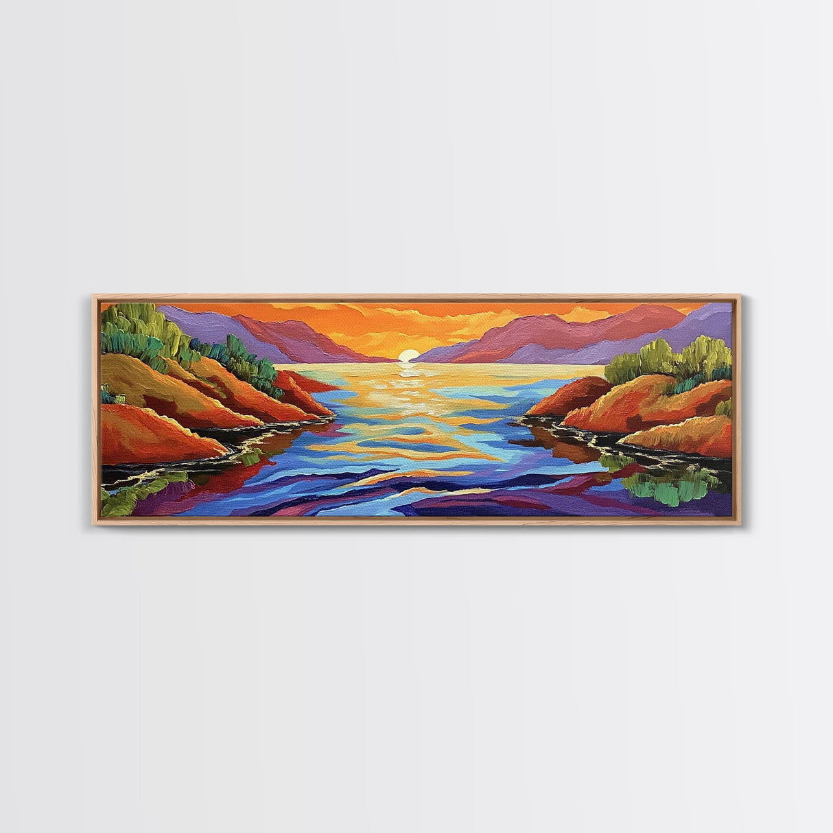Sunset Lake, Mountain Reflection, Bold Colors, Canvas Print, Tranquil Landscape Art, Living Room Wall Decor, Nature Inspired Aesthetic