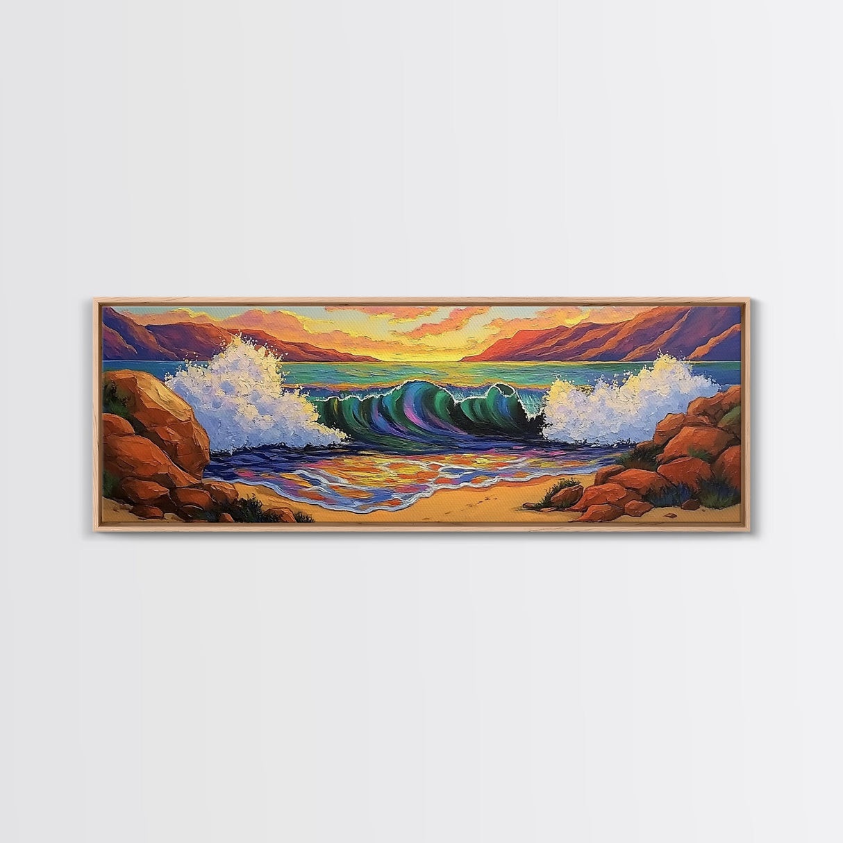 Ocean Power Crash, Colorful Seaside Painting, Bold Wave Art, Framed Canvas Print, Coastal Wall Decor, Beach House Living Room Style