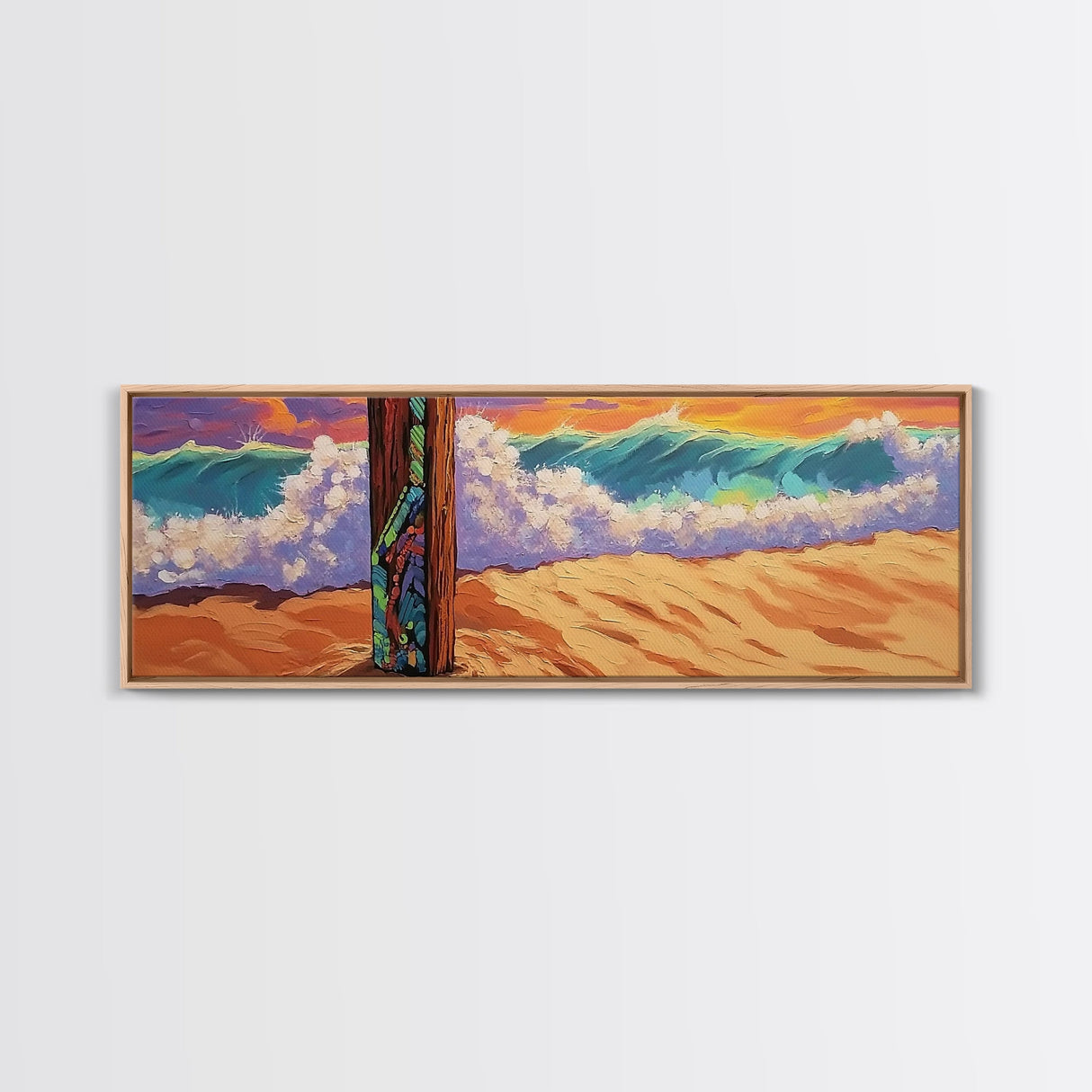 Painted Post, Colorful Shore, Ocean Wave, Surf Vibes, Framed Canvas Print, Beach Bedroom Wall Art, Tropical Seaside Expressionism