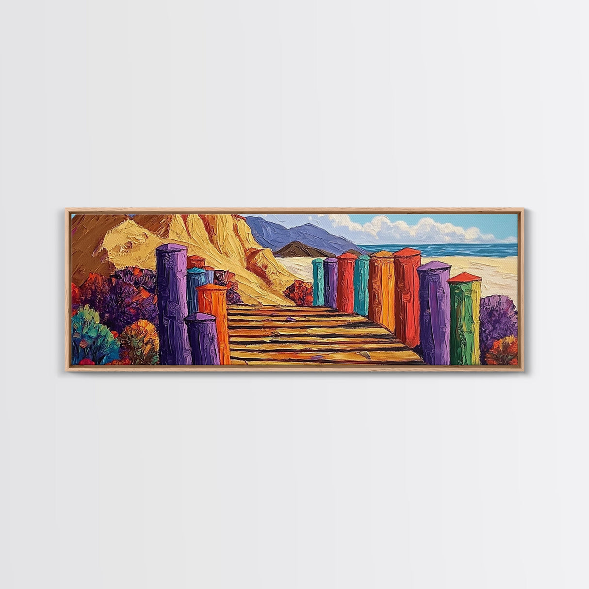 Colorful Cabins, Beach Path, Coastal Walkway, Vibrant Landscape, Canvas Print, Entryway Wall Art, Beach House Art, Bold Palette Decor