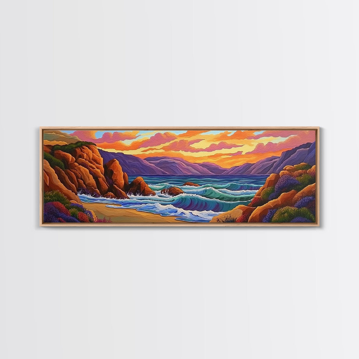 Sunset Coastal Waves, Bold Seascape Painting, Vibrant Ocean Scene, Framed Canvas Print, Beach Wall Art, Nautical Living Room Decor