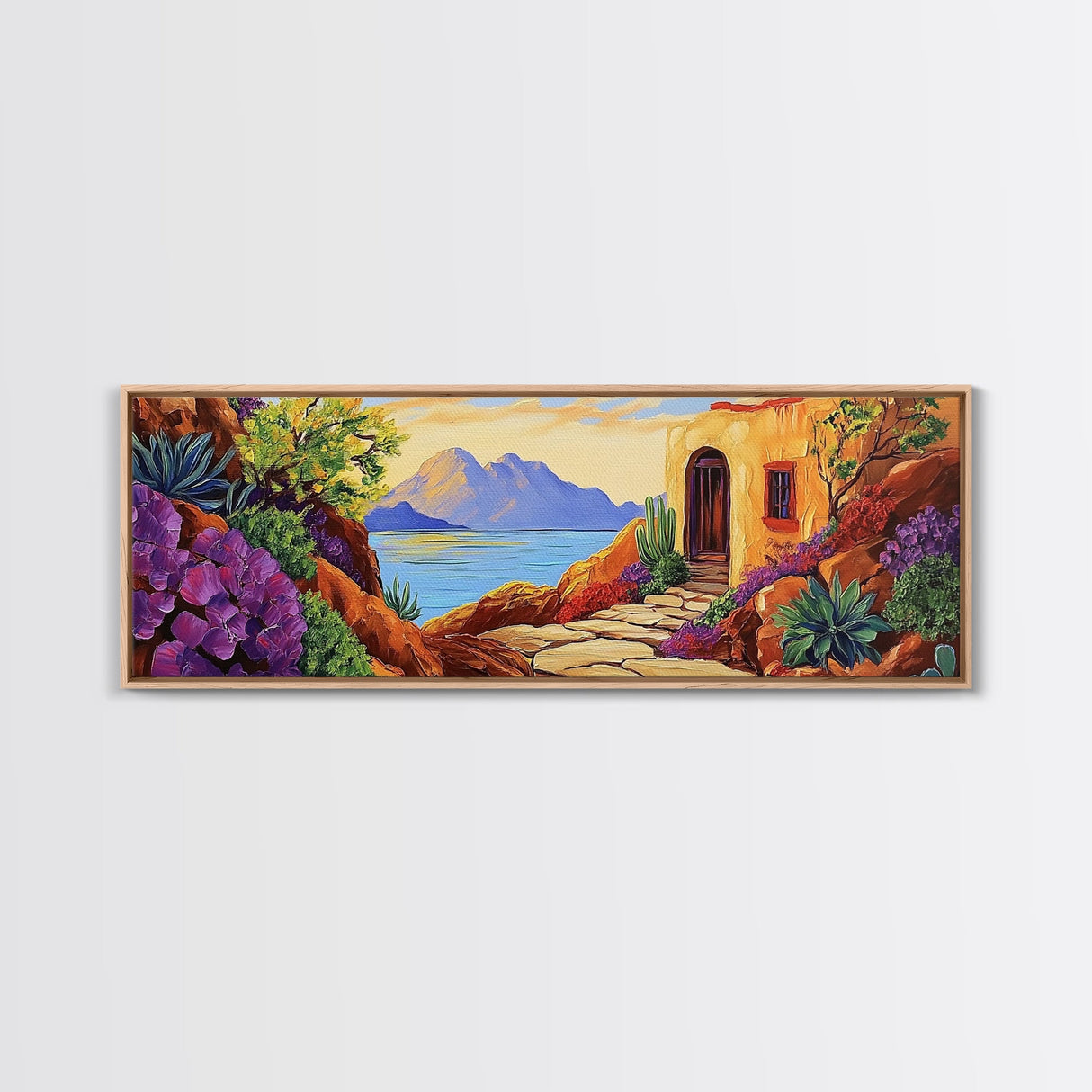Adobe House View, Desert Coastal Path, Southwest Landscape, Mountain Ocean Art, Canvas Print, Kitchen Wall Art, Warm Boho Style