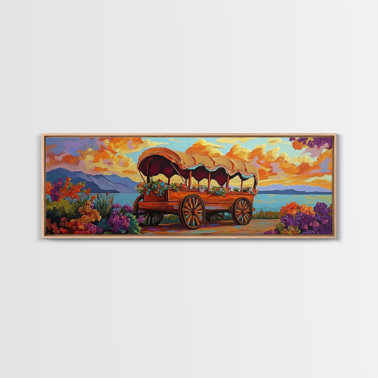 Flower Wagon, Sunset Trail, Wildflower Garden, Rustic Charm, Framed Canvas Print, Autumn Wall Art, Living Room Decor, Country Farmhouse Art