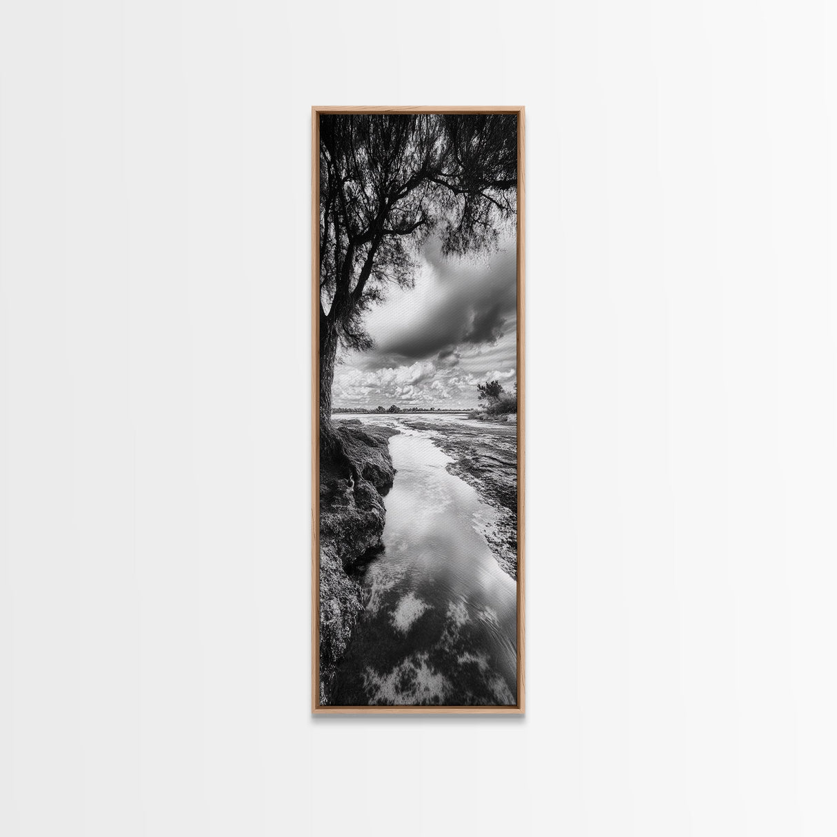 River Through Trees, Tranquil Forest Stream, Reflective Nature Art, Framed Canvas Print, Zen Living Room Wall Decor, Calm Scene