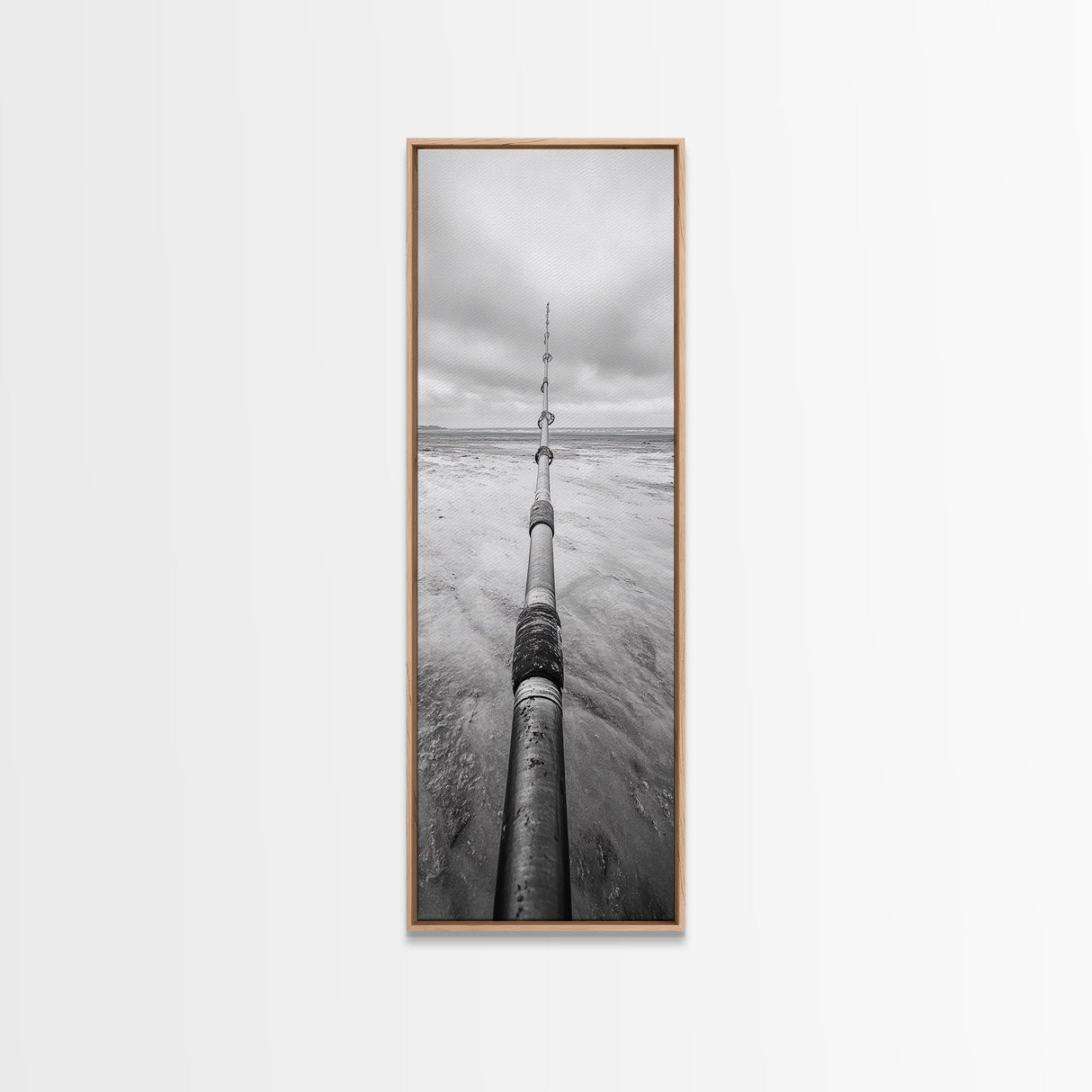 Pipeline Perspective, Industrial Seascape, Grunge Aesthetic, Framed Canvas Print, Coastal industrial art, Minimalist hallway decor, Monochrome print
