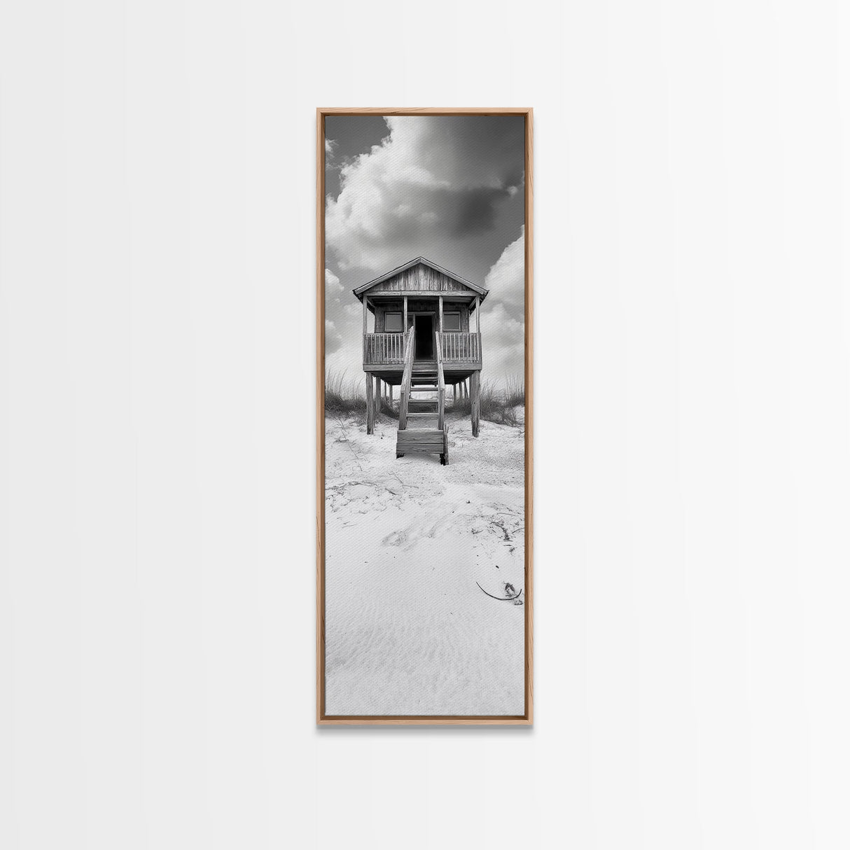 Beachfront Cabin, Rustic Shack, Seaside Simplicity, Cloudy Sky, Island Life, Framed Canvas Print, Entryway Wall Art, Coastal Farmhouse Decor