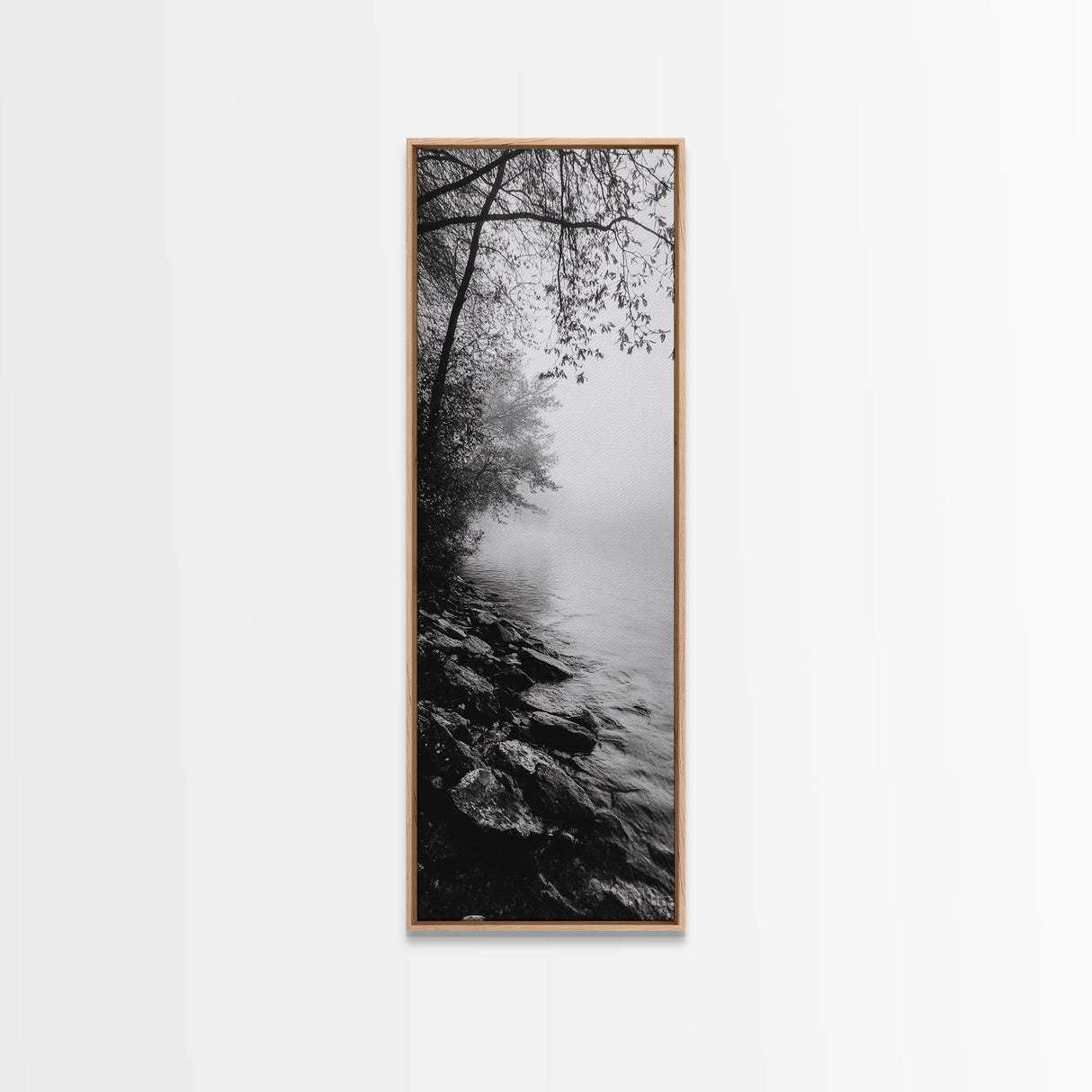 Lakeside Mist, Rocky Shoreline, Tranquil Forest, Framed Canvas Print, Peaceful woodland wall art, Fall neutral decor, Nature themed office print