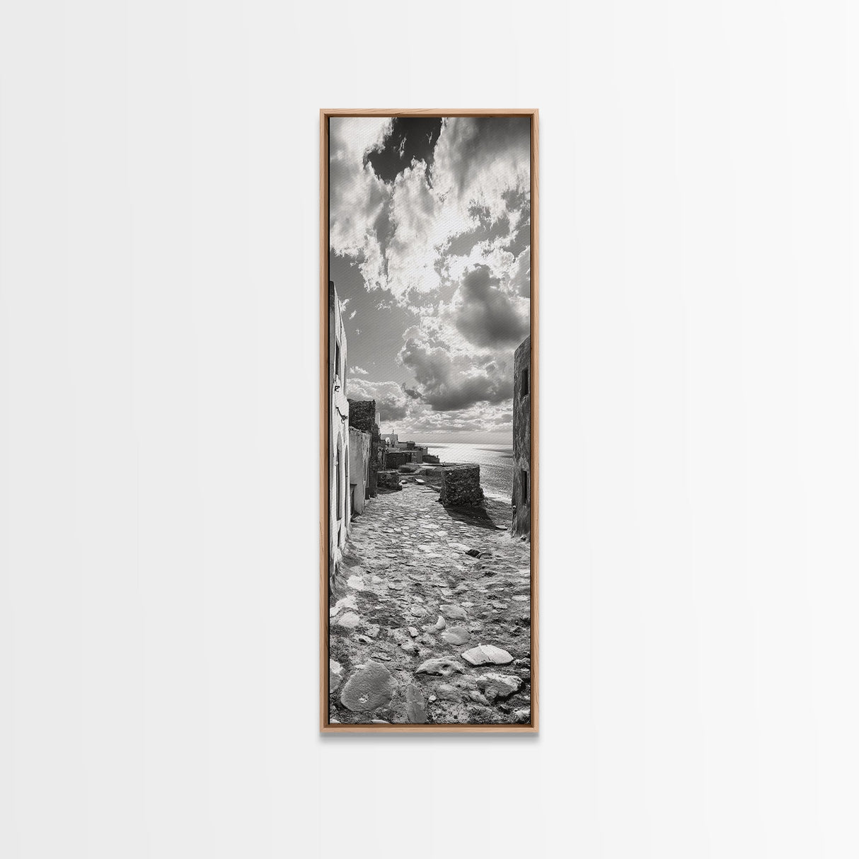 Coastal Street, Ocean View, Mediterranean Charm, Monochrome Photography, Framed Canvas Print, Living Room Print, Kitchen Wall Art