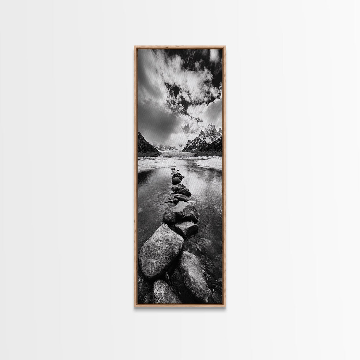 Mountain Stream, Stone Path, Black and White Nature, Scenic Landscape, Framed Canvas Print, Modern Cabin or Rustic Wall Decor, Office Art