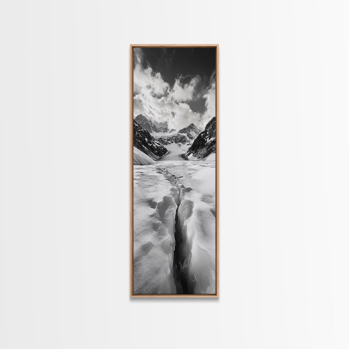 Glacier Trail, Snowy Valley, Black and White Mountain Art, Crevasse Texture, Canvas Print, Winter Landscape, Office Print, Entry Wall Art