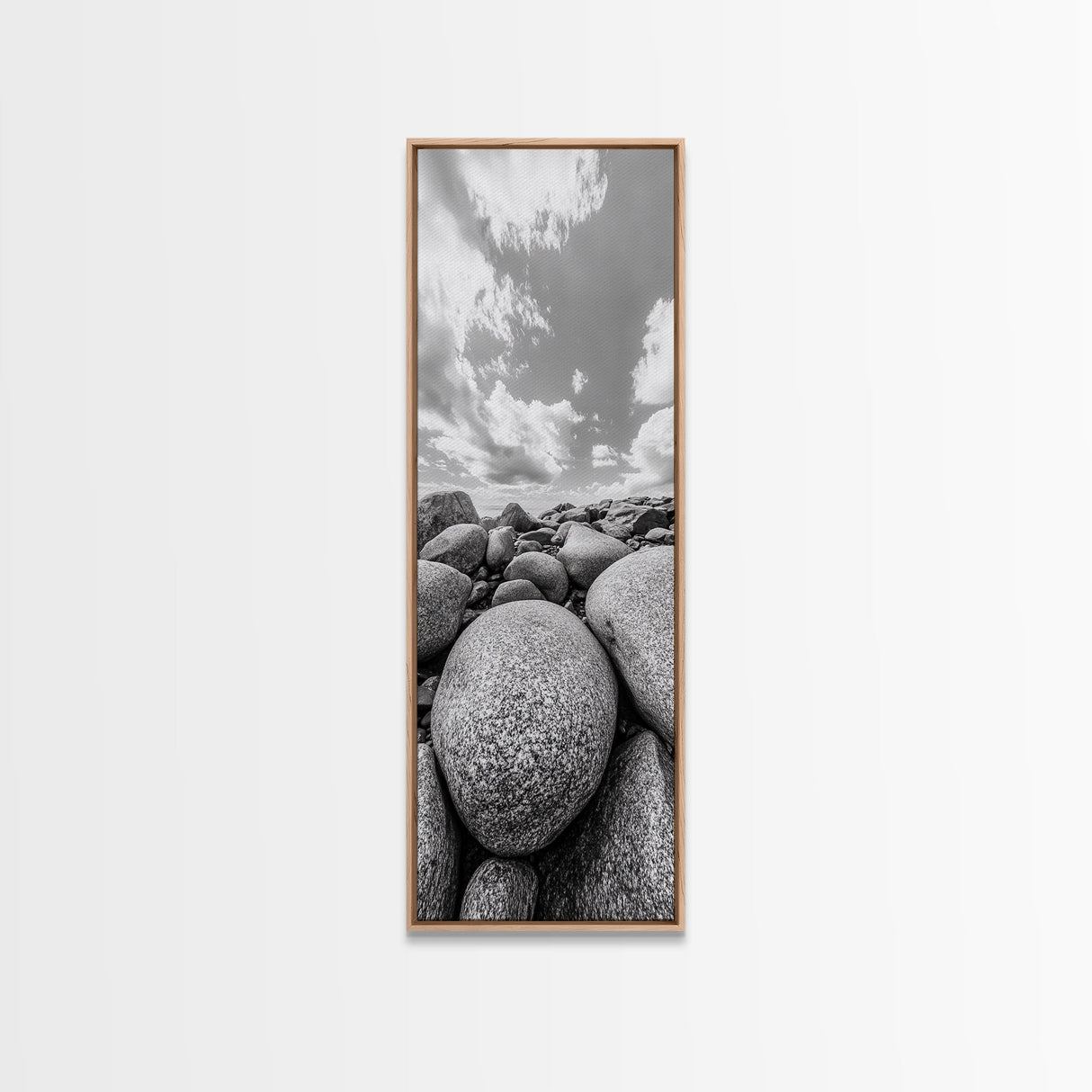 Granite Boulders, Coastal Rocks, Ocean Horizon, Dramatic Clouds, Framed Canvas Print, Nature Wall Art, Modern Beach House Decor