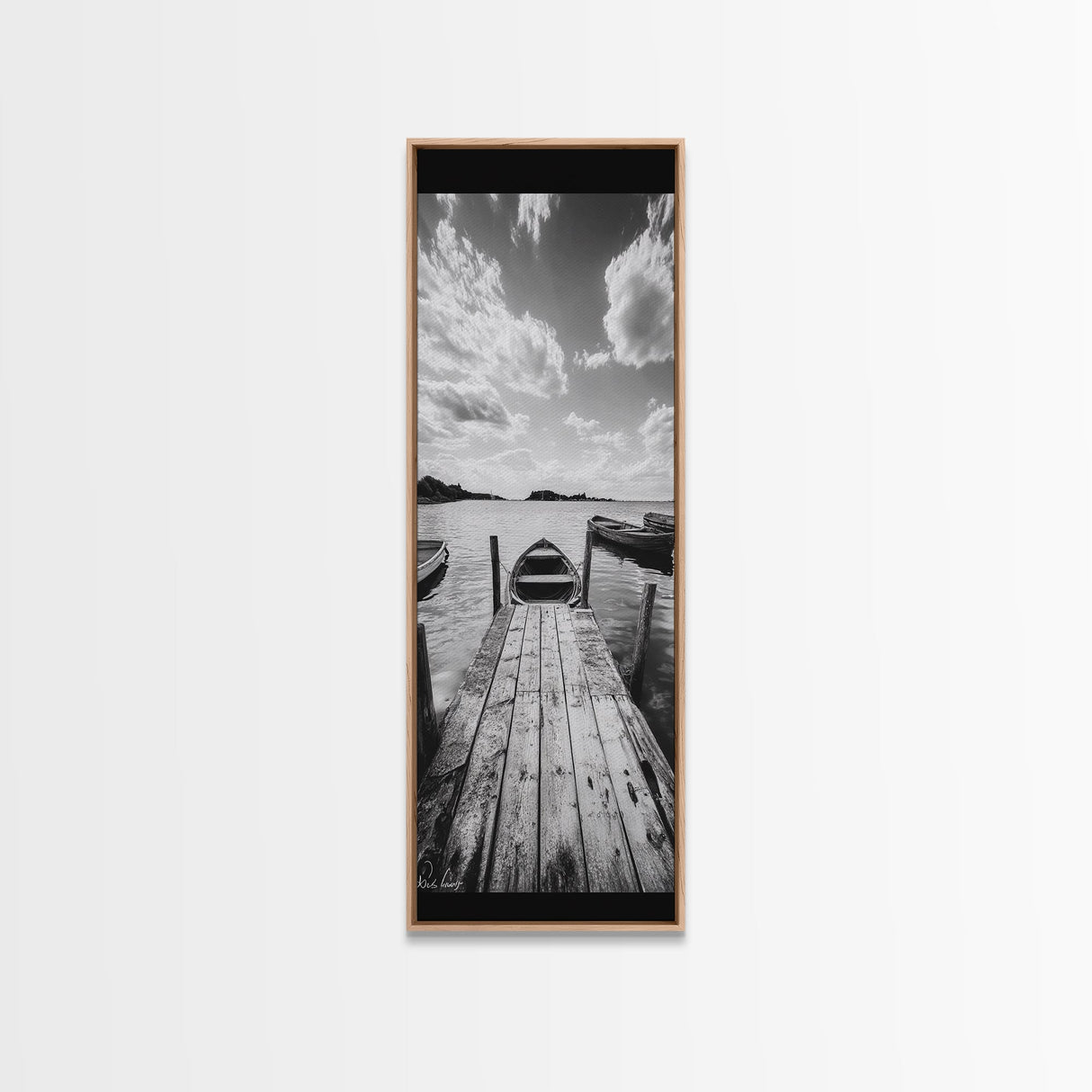Docked Rowboat, Calm Waters, Rustic Pier, Serene Lake View, Framed Canvas Print, Black and White Coastal Art, Bedroom Wall Decor