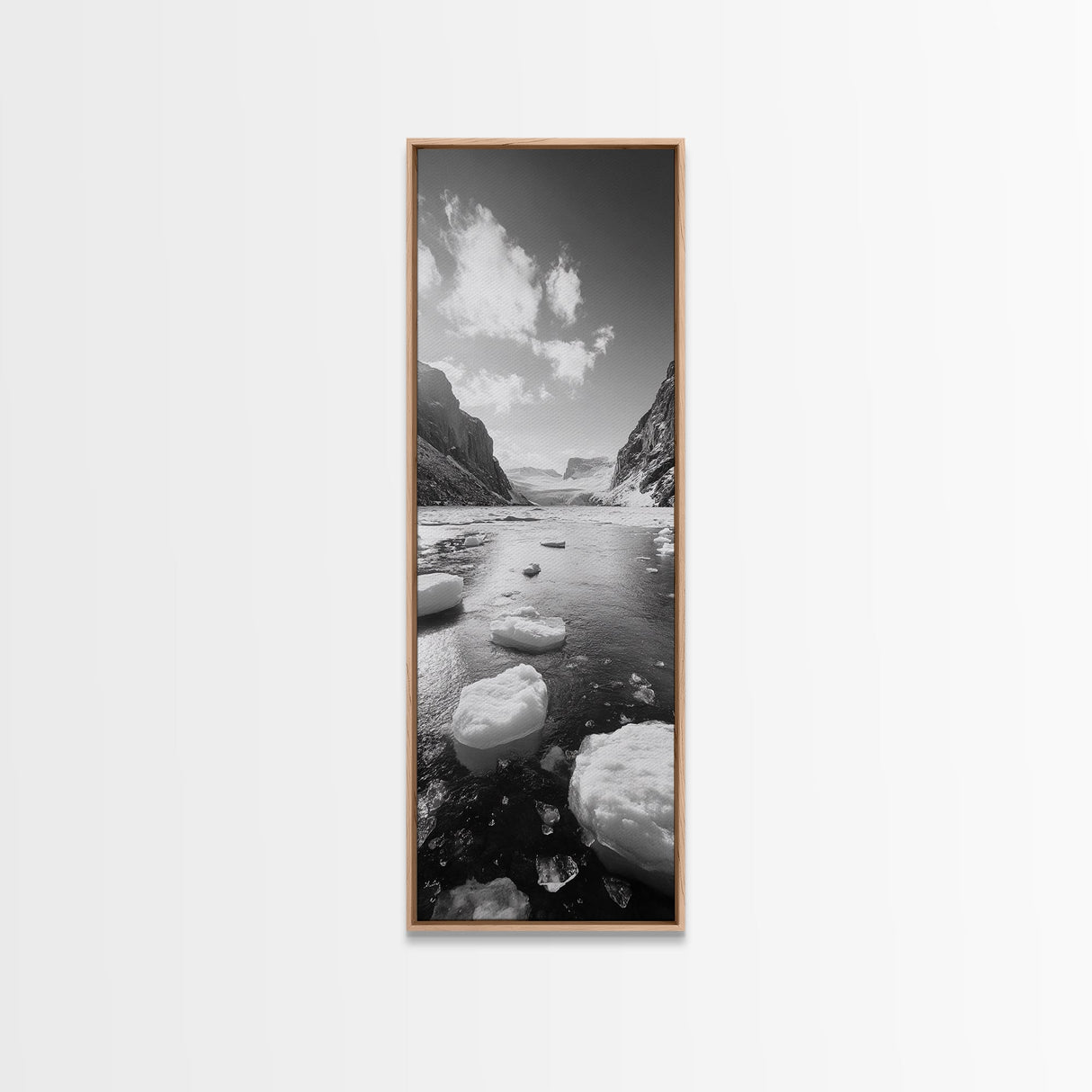 Arctic River, Snowy Mountains, Glacier Melt, Framed Canvas Print, Winter Landscape Art, Modern Living Room Decor, Nordic Aesthetic