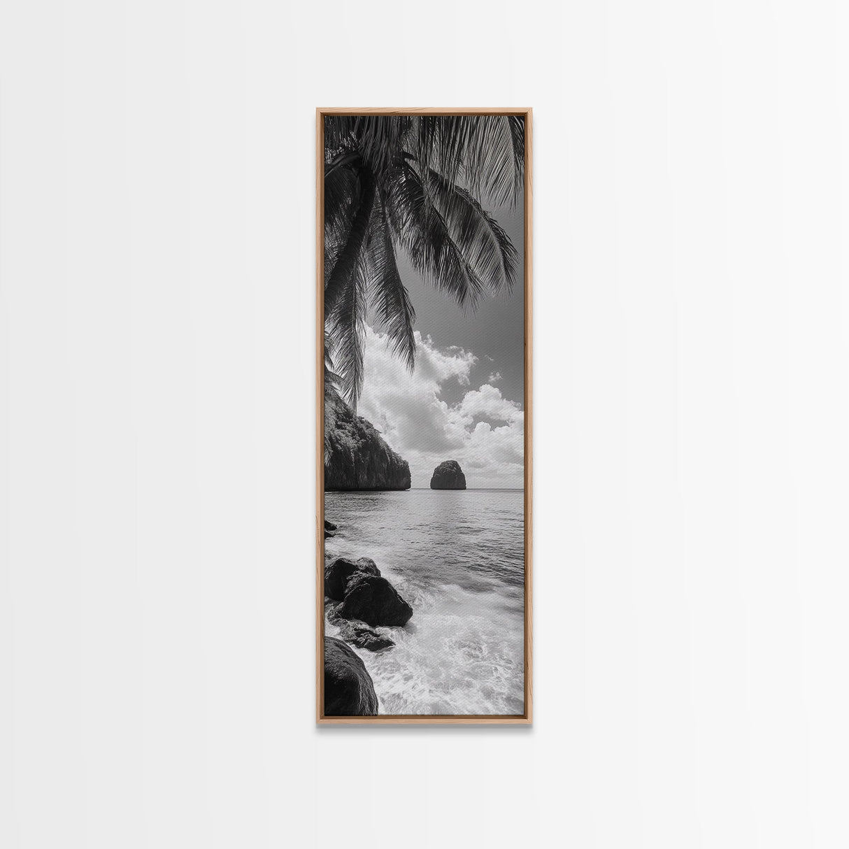 Island View, Palm Shoreline, Tropical Escape, Framed Canvas Print, Beach House Wall Art, Coastal Summer Decor, Zen Ocean Aesthetic