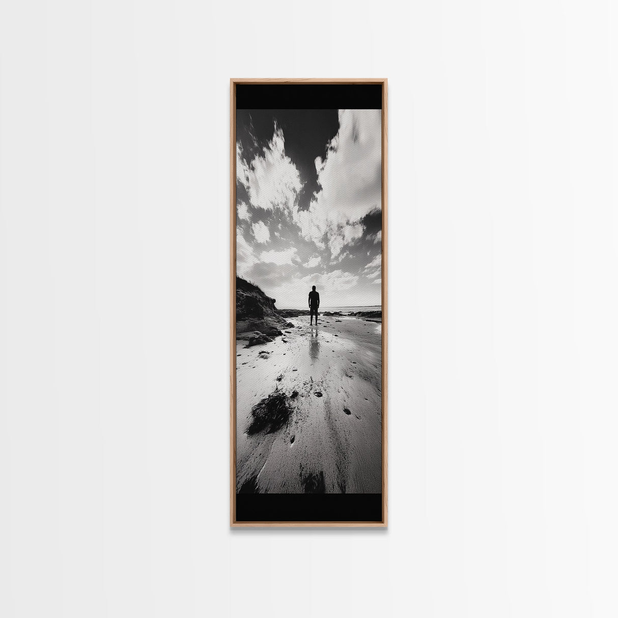 Lone Beach Walker, Dramatic Sky, Ocean Reflections, Solitude Moment, Framed Canvas Print, Hallway Wall Art, Moody Minimalist Decor
