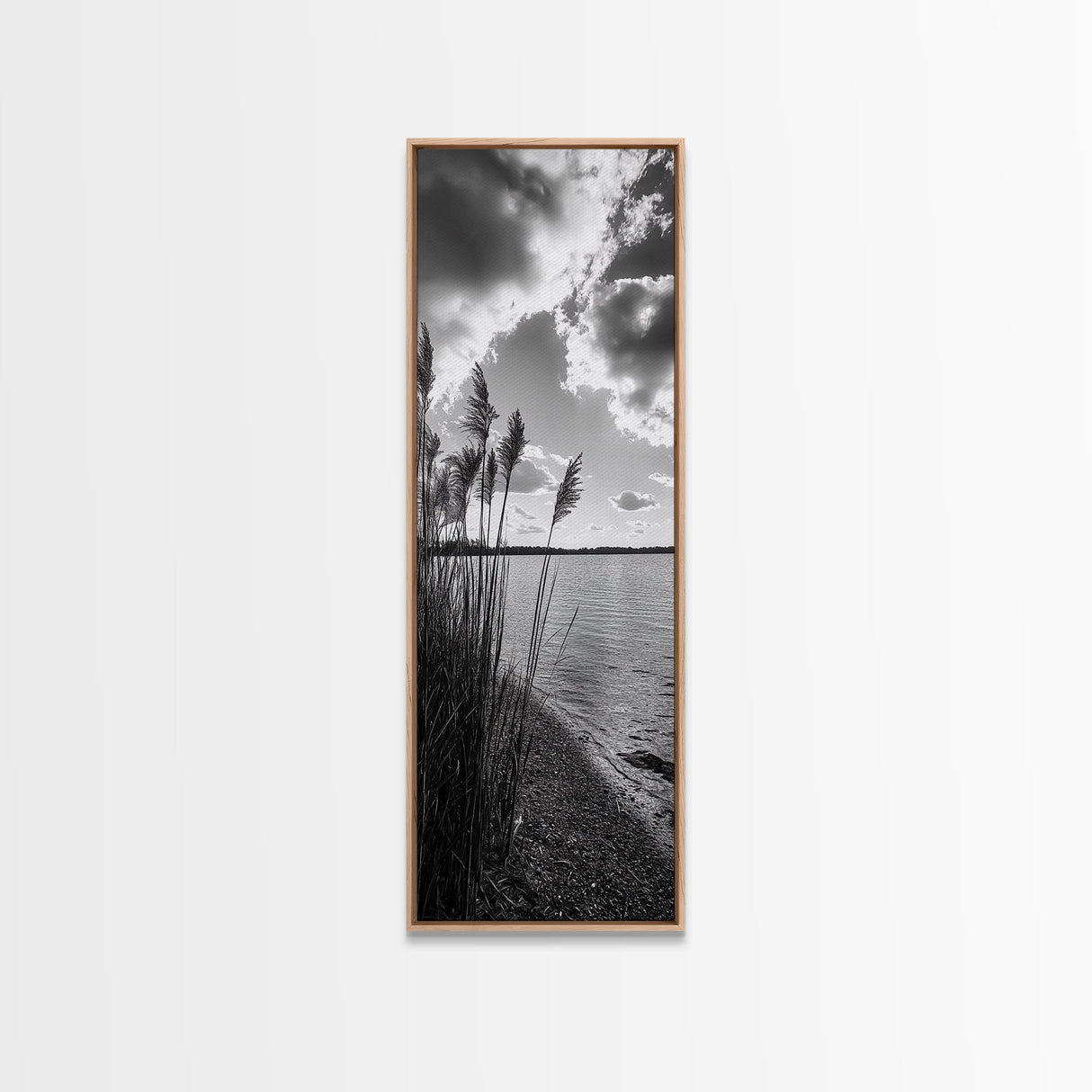 Reeds at Sunset, Lake Shoreline, Tranquil Water, Framed Canvas Print, Entryway Wall Art, Autumn Decor, Natural Photography, Neutral Tones