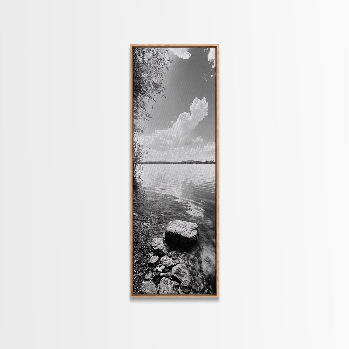 Peaceful Lake, Cloud Reflection, Shoreline Stones, Framed Canvas Print, Guest Room Wall Art, Nature Inspired Decor, Minimalist Landscape