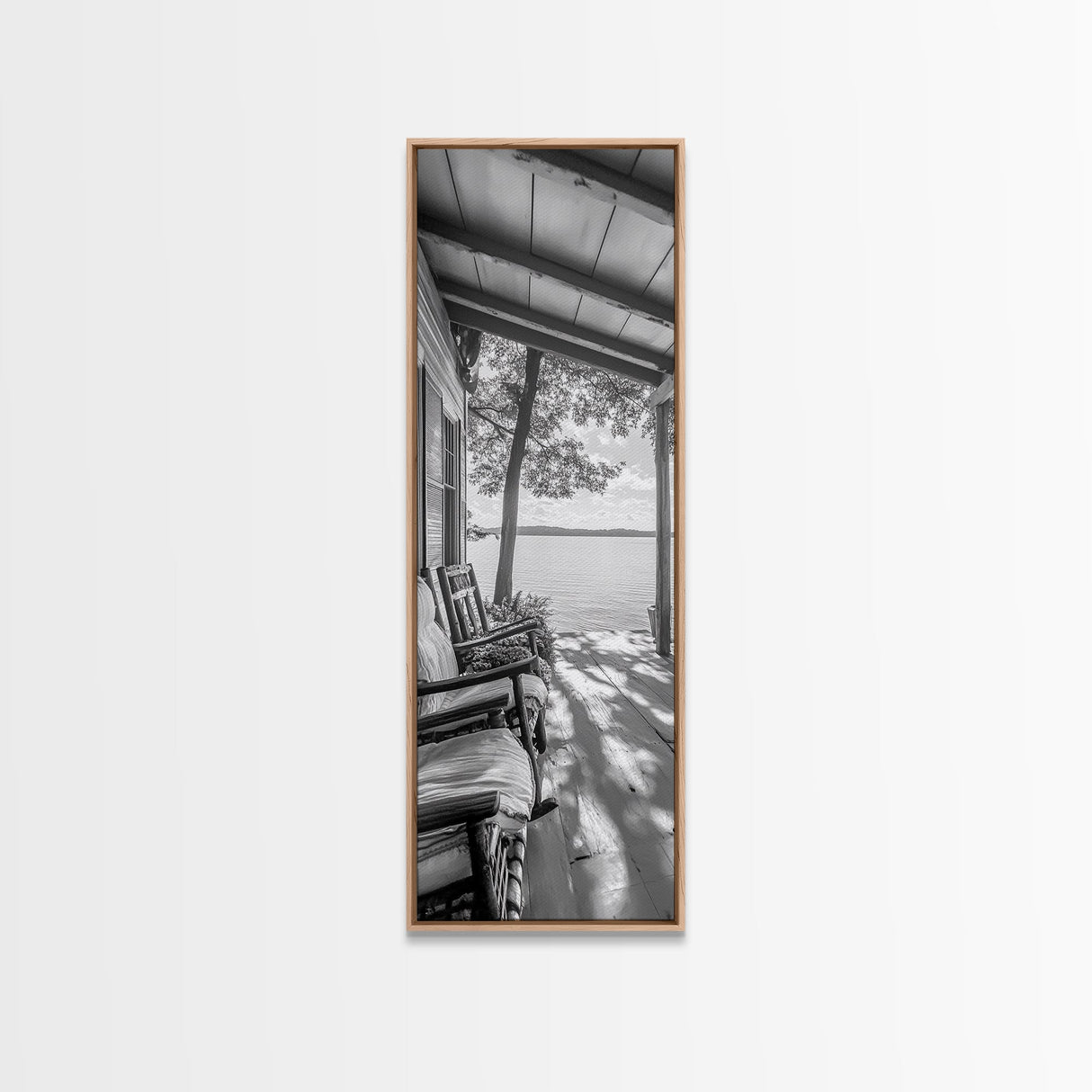 Lake Porch View, Rustic Charm, Cabin Vibes, Relaxing Nature Scene, Framed Canvas Print, Farmhouse Decor, Cozy Living Room Wall Art, Lakehouse Art