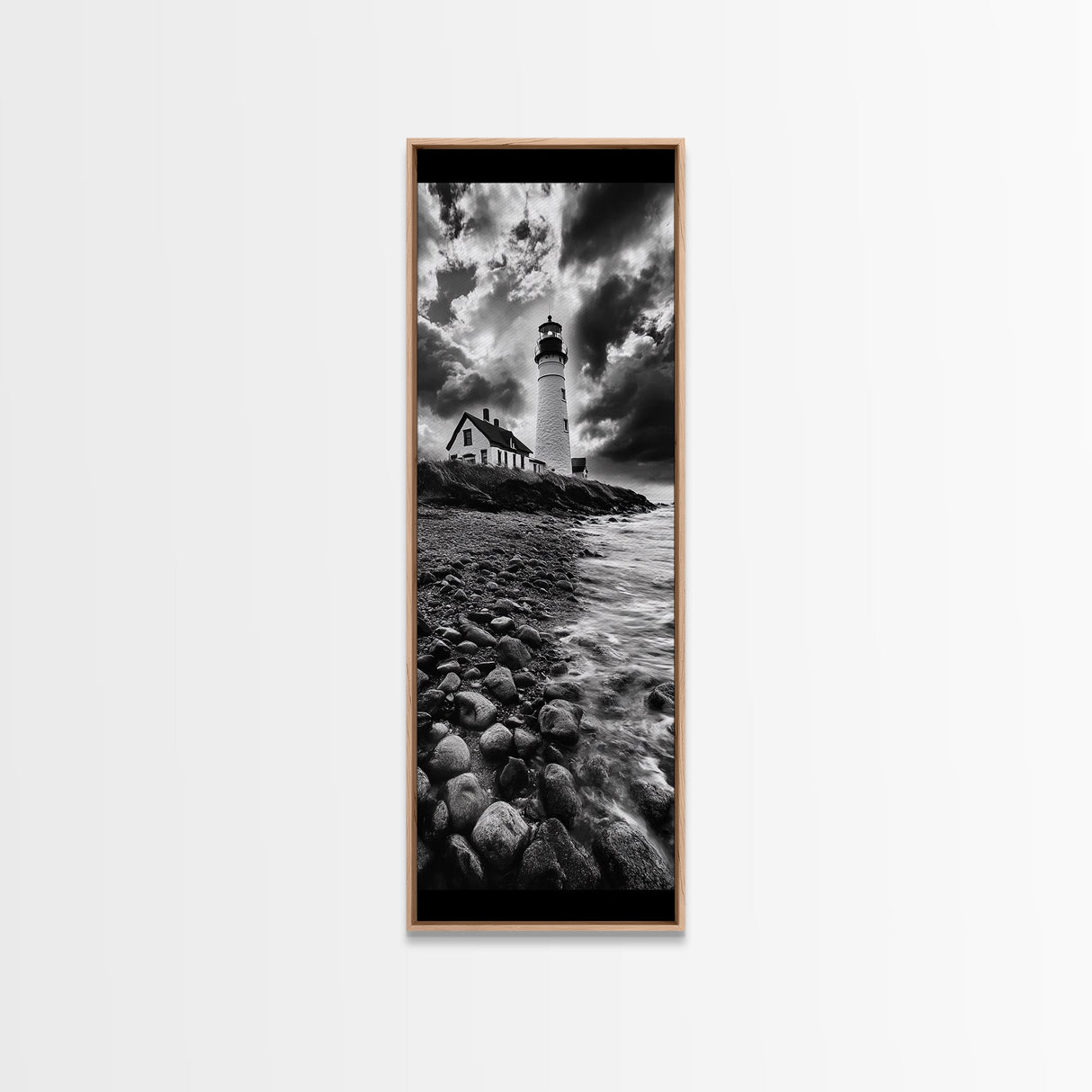 Lighthouse Drama, Coastal Storm, Rocky Shoreline Scene, Moody Ocean Sky, Framed Canvas Print, Nautical Living Room Wall Art, Black White Art