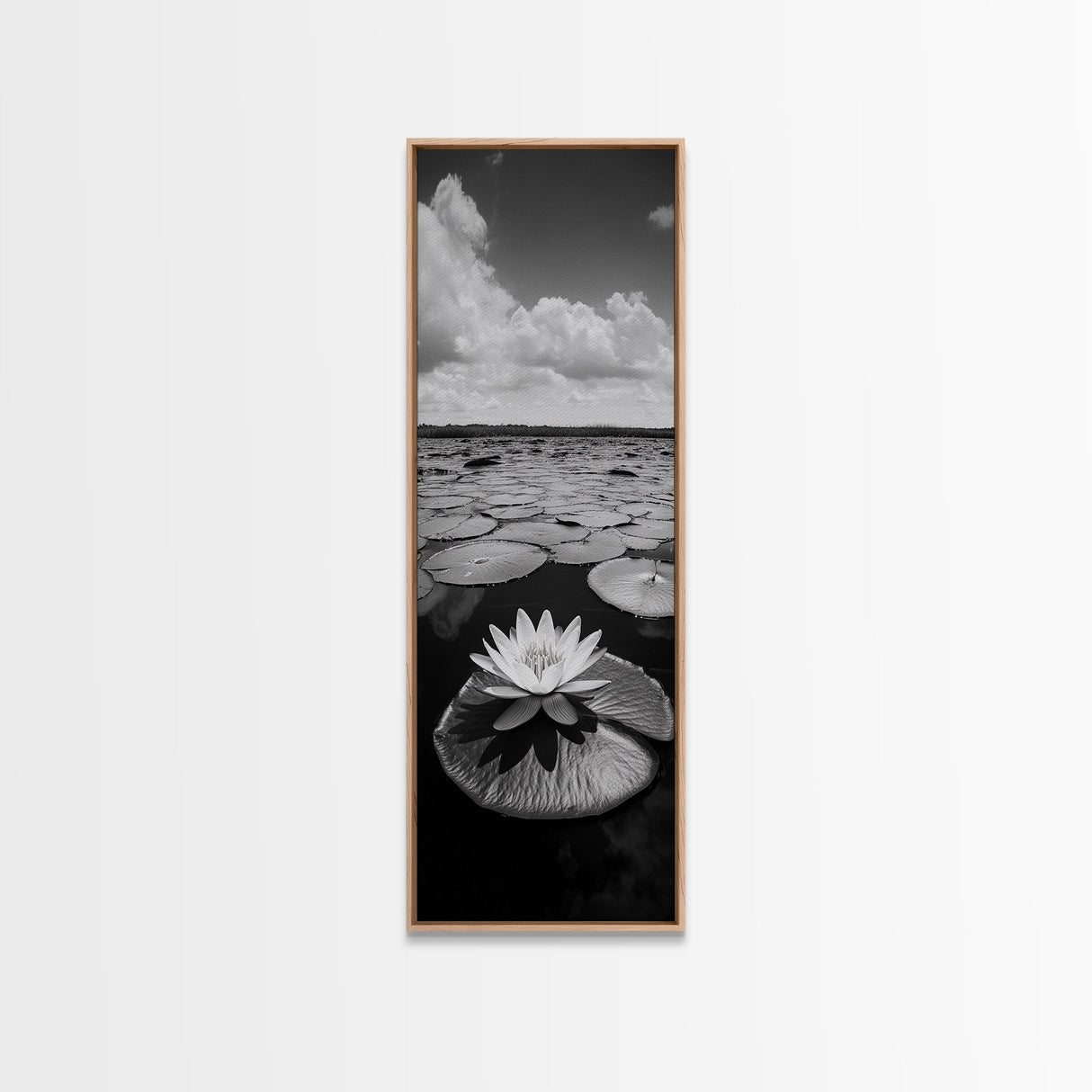 Water Lily Bloom, Lake Flowers, Lotus Petals, Peaceful Reflections, Botanical Art Framed Canvas Print, Spa Room Floral Wall Decor