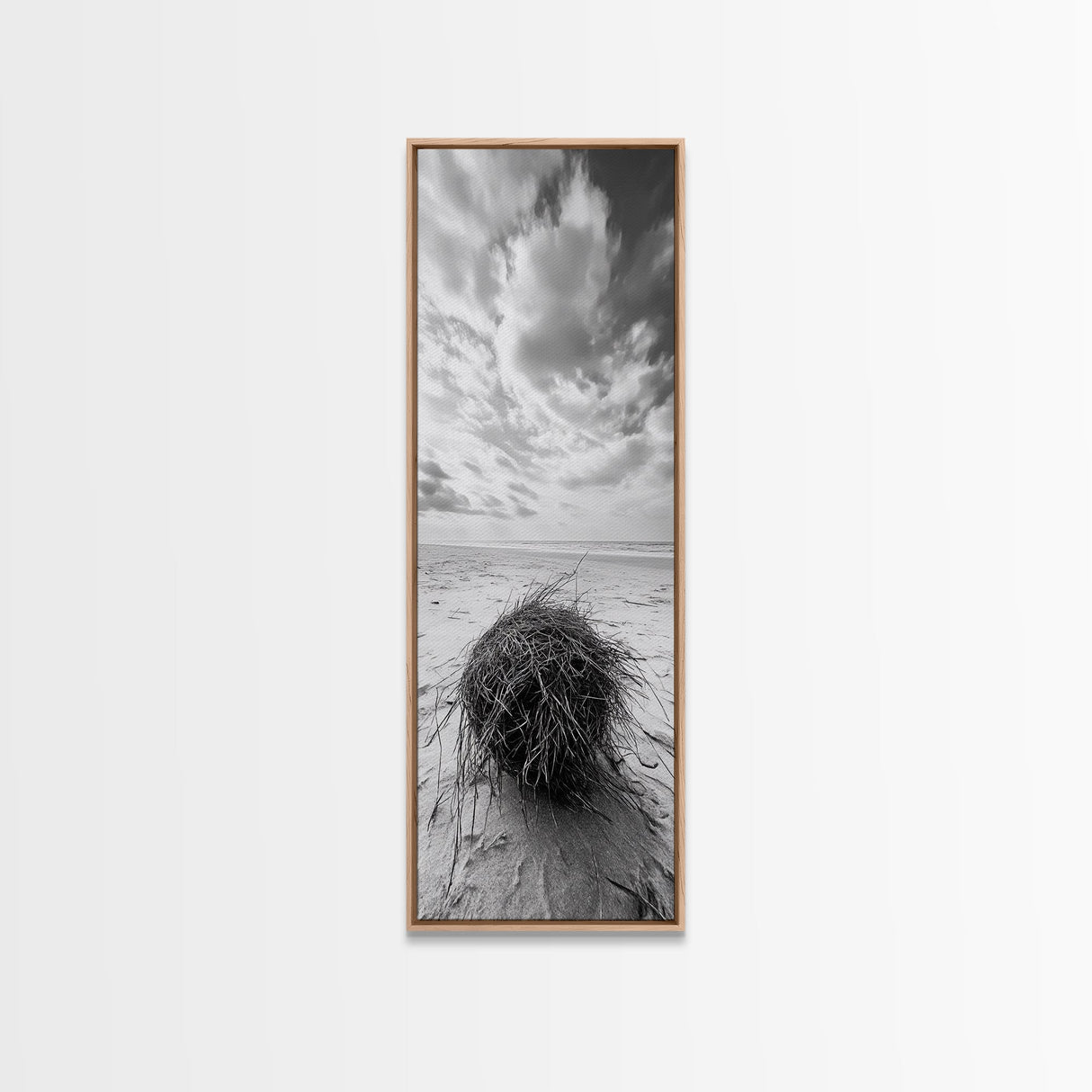 Beach Tumbleweed, Windy Dune, Coastal Drift, Seaside Simplicity, Monochrome Shoreline Framed Canvas Print, Bathroom Beach Wall Decor