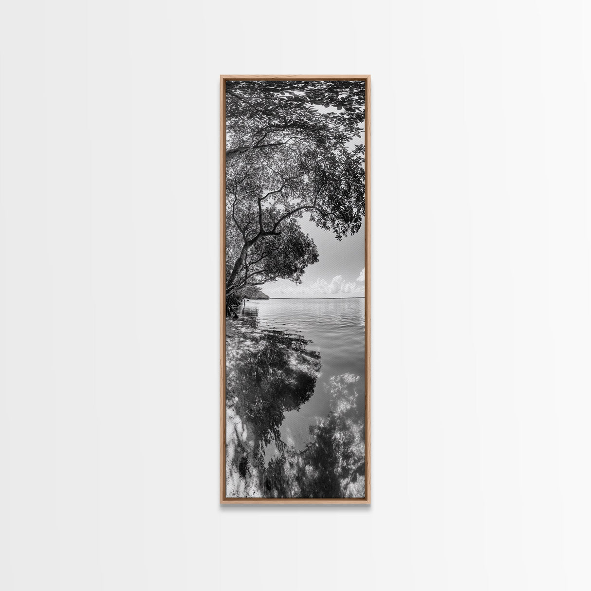 Mangrove Shoreline, Tree Reflections, Still Waters, Tranquil Escape, Black White Nature Framed Canvas Print, Zen Wall Art Entryway Decor