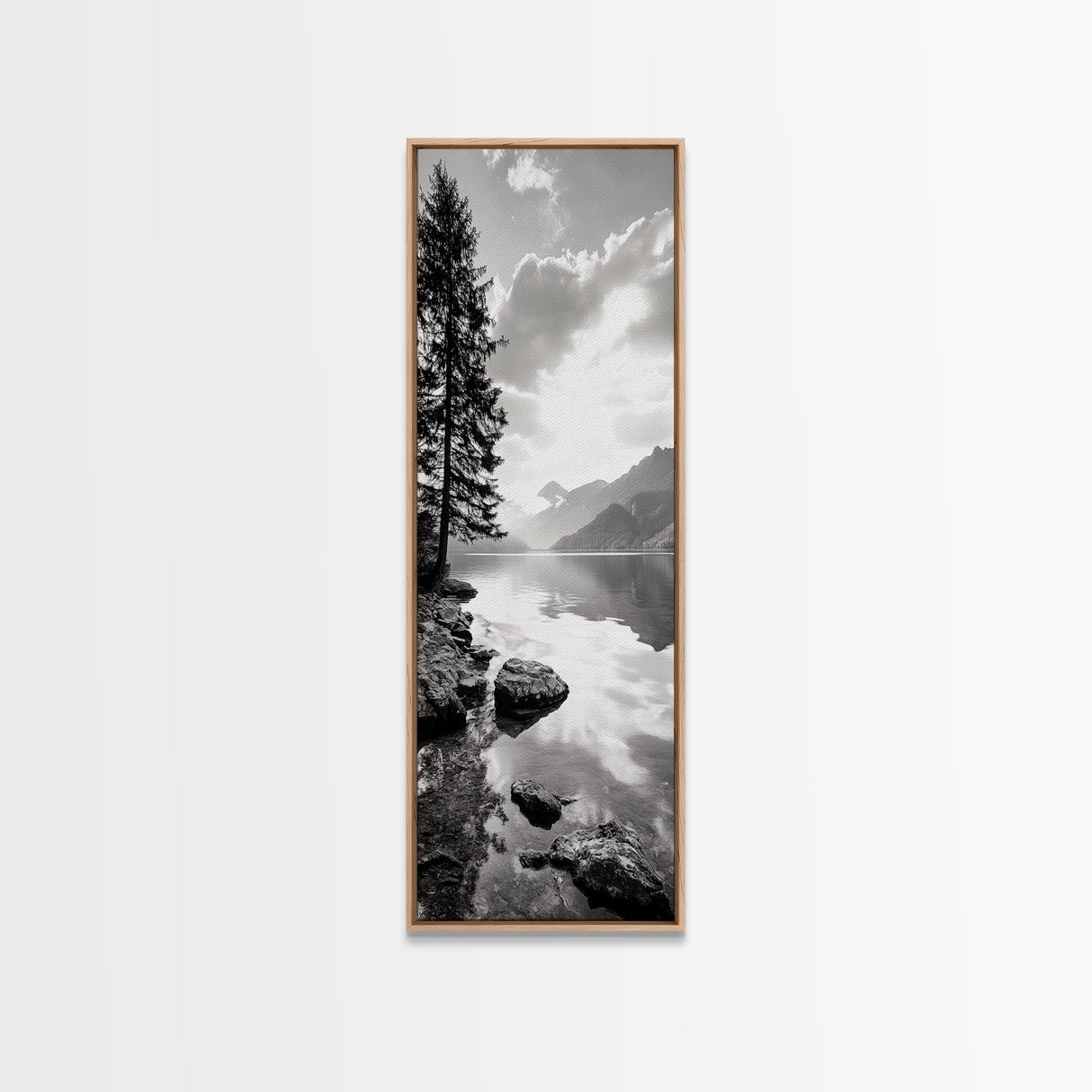 Mountain Lake Peace, Still Water View, Nature Escape, Framed Canvas Print, Living Room Wall Art, Nordic Cabin Decor, Minimal Landscape