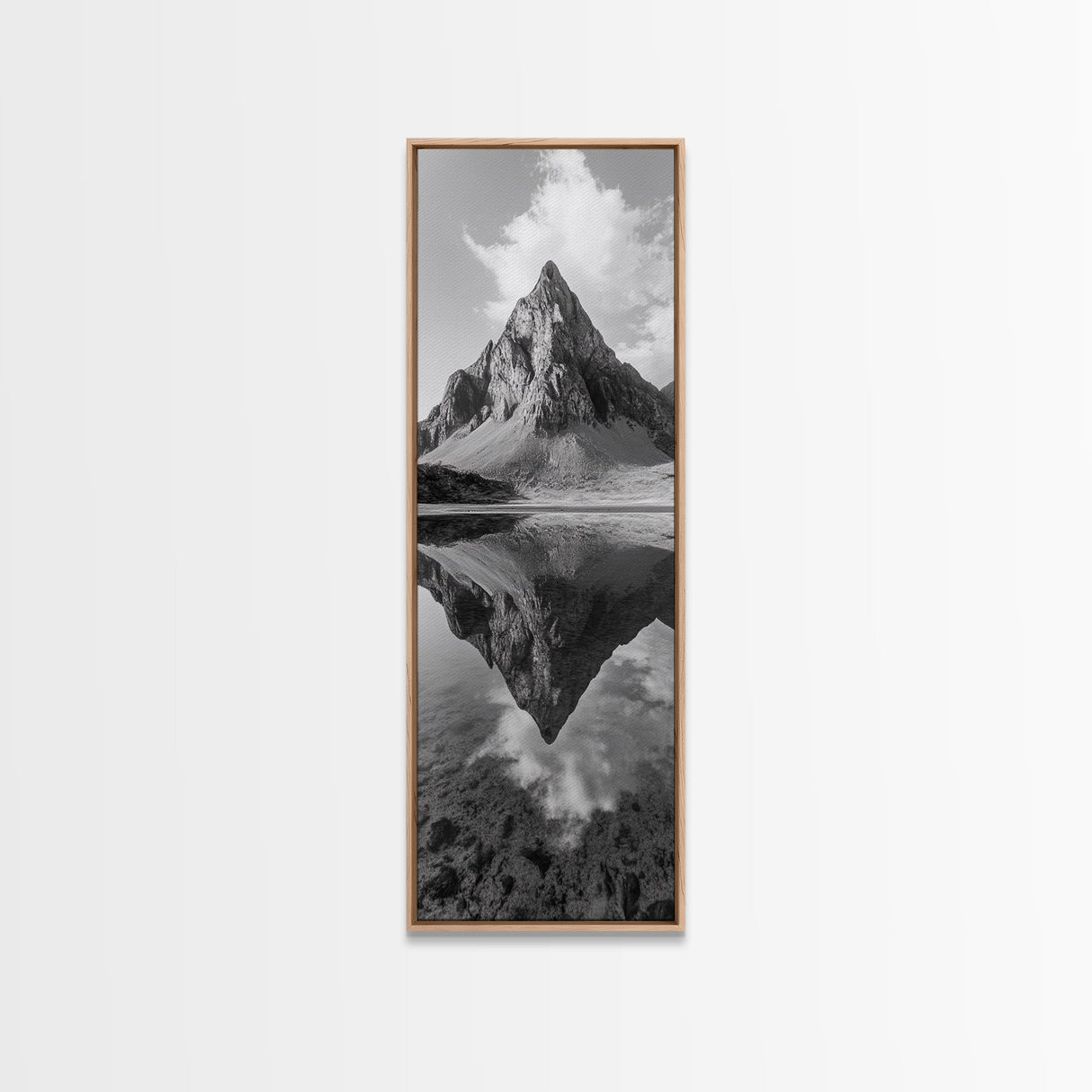 Sharp Mountain Peak, Reflection Stillness, Monochrome Wild, Framed Canvas Print, Rustic Cabin Wall Art, Nature Lover Gift Idea
