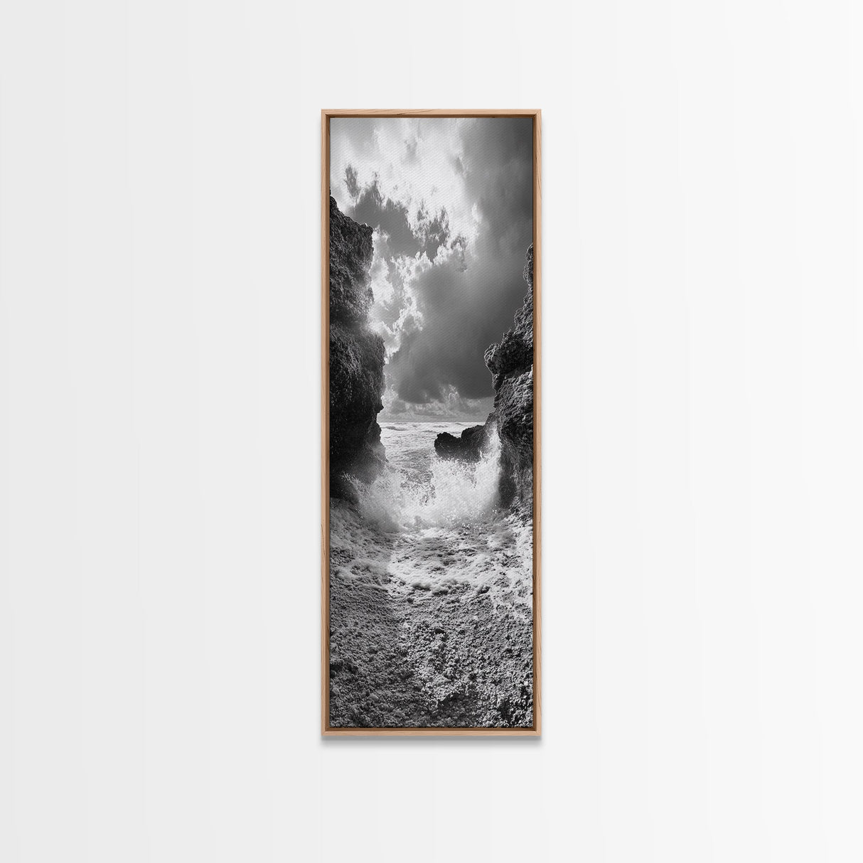 Wave Crash Rocks, Ocean Drama Scene, Moody Beach Photography, Coastal Kitchen Decor, Framed Canvas Print, Nautical Wall Art