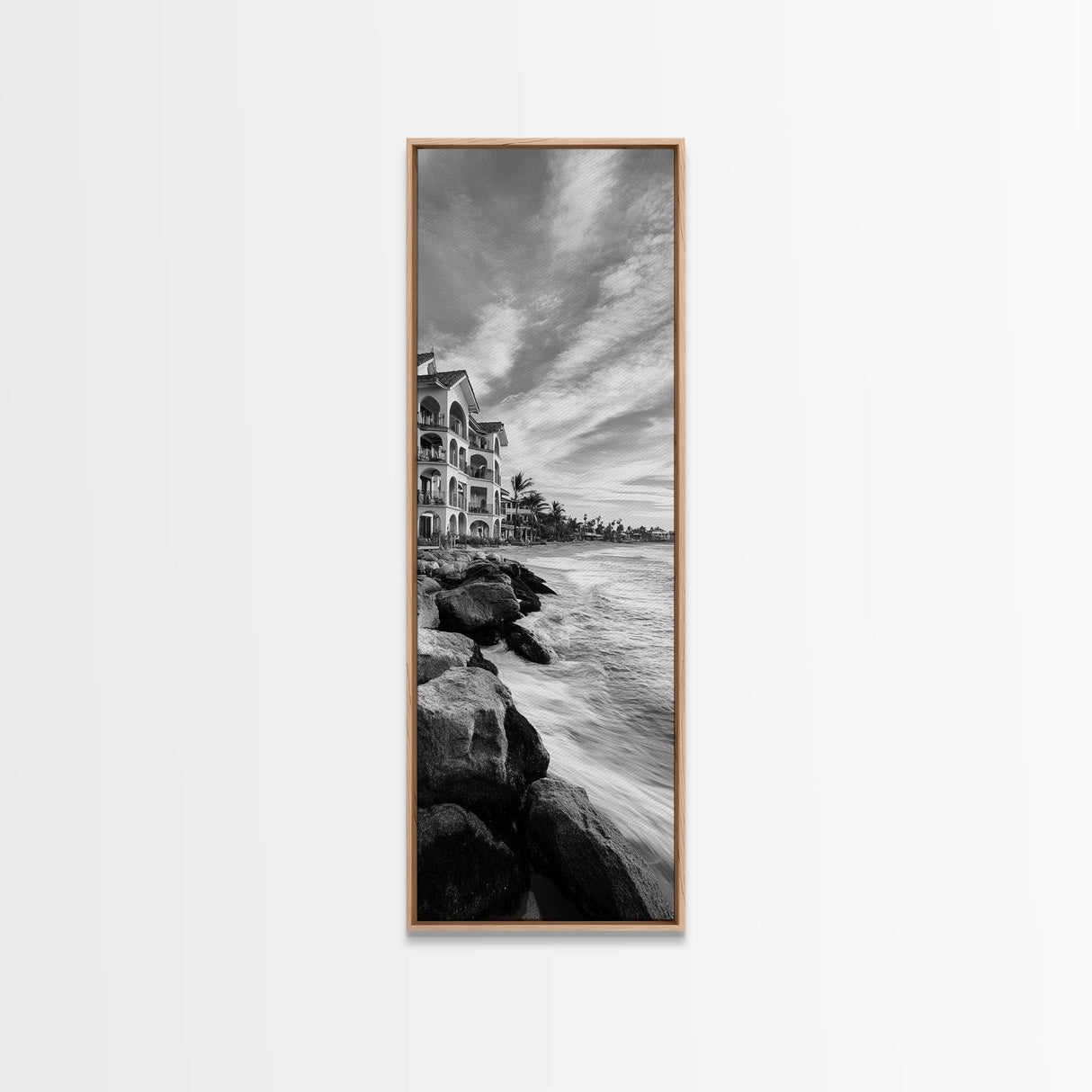 Coastal Resort Scene, Waves Rocks Hotel, Tropical Vacation Art, Beach House Wall Decor, Canvas Print, Living Room Style, Coastal Minimalist