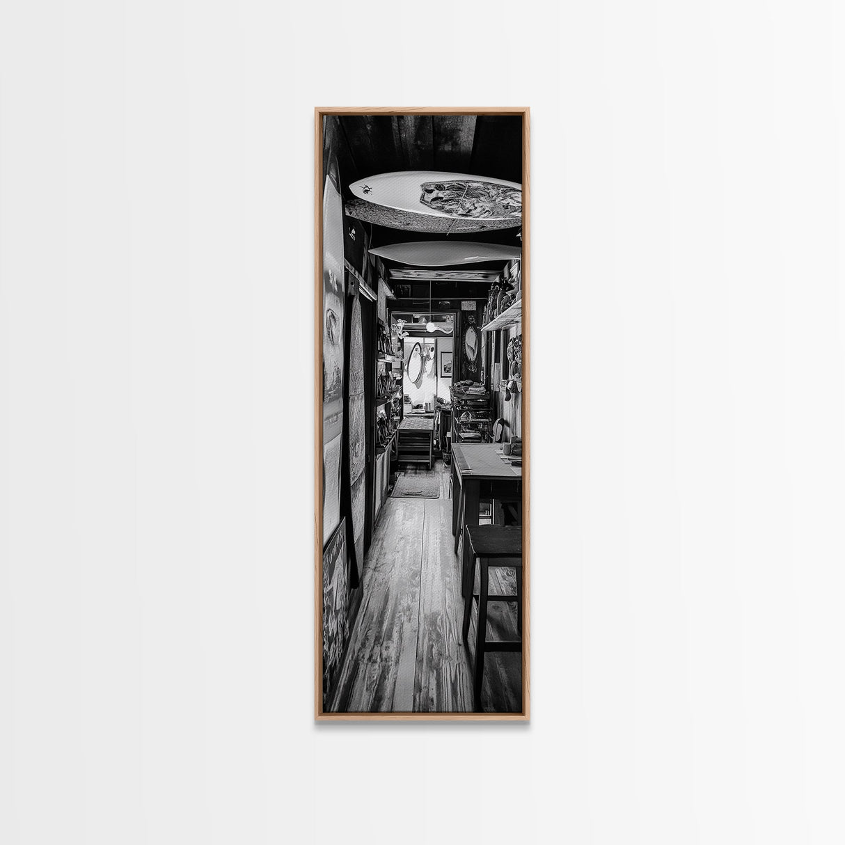 Surfboard Shop Hallway, Rustic Surf Decor, Beach Lifestyle Print, Framed Canvas Print, Man Cave Wall Art, Coastal Boho Vibes, Cabin Wall Art
